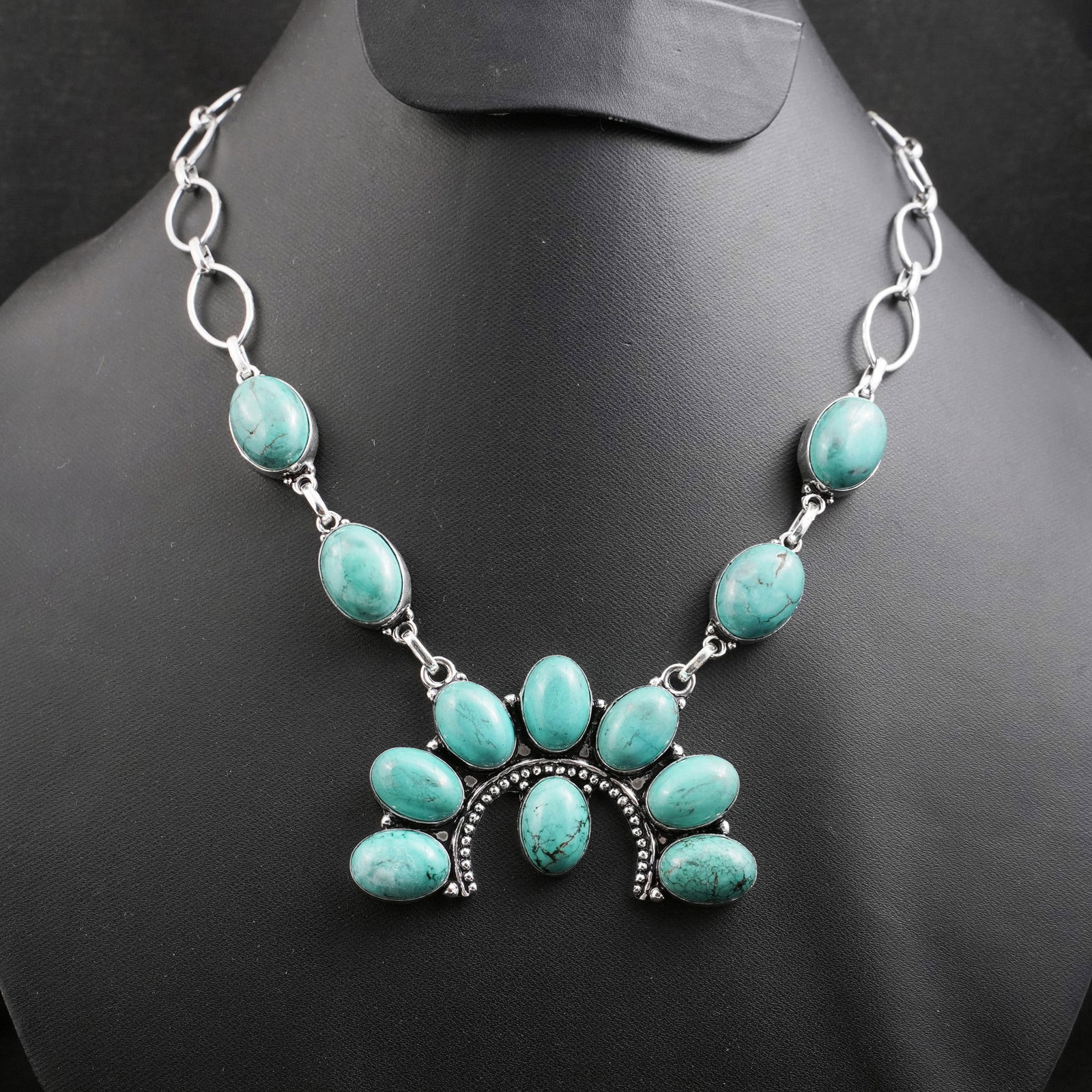 Natural Turquoise 92.5 Sterling Silver Plated Handmade Necklace: Product ID: 260430142802 Product - Handmade Silver Plated Necklace Metal - 92.5 Sterling Silver Plated Necklace Length - 18 Inch Gemstone - Turquoise Gemstone Size - 10X14 MM ( 8 Stone ), 12X16 MM ( 4