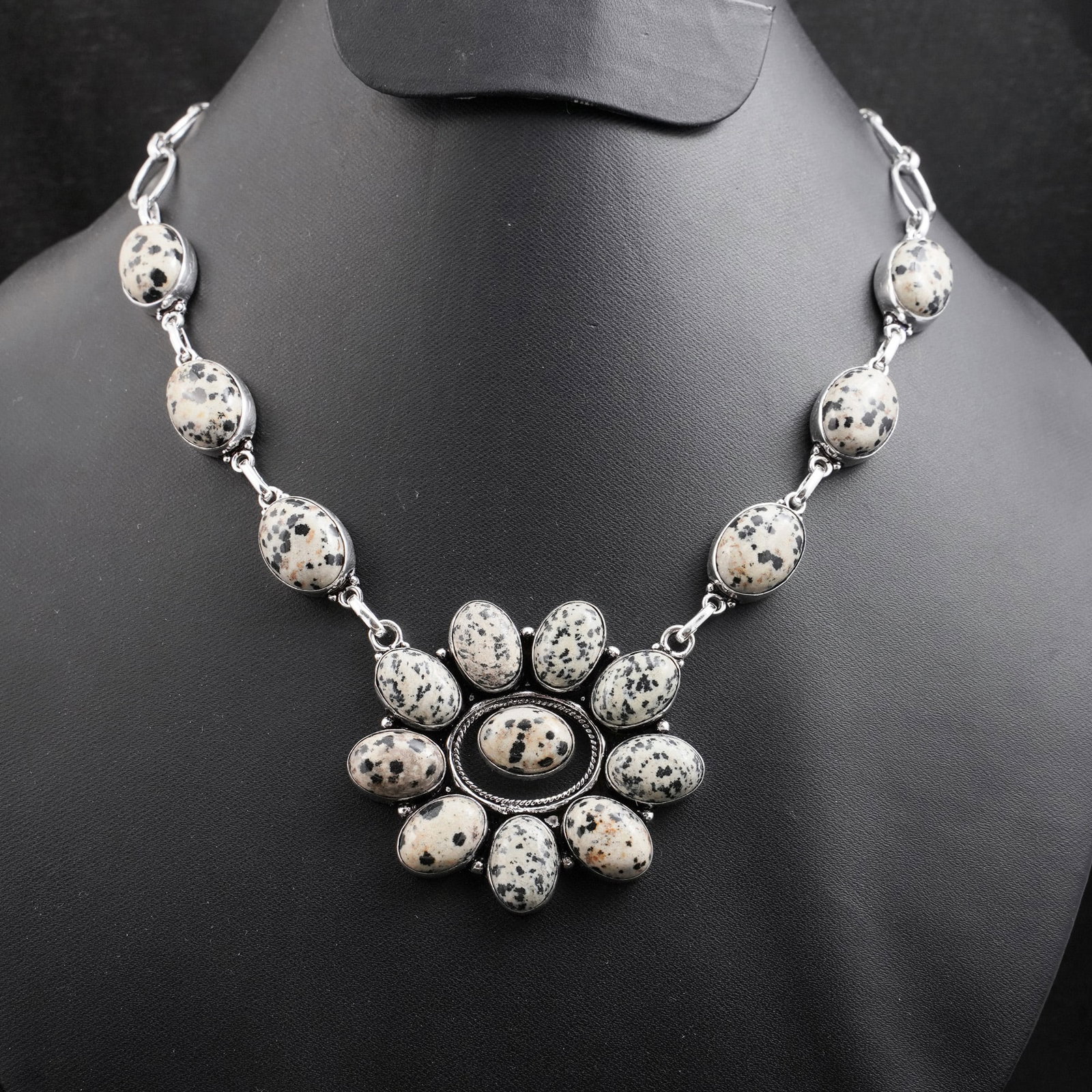 Natural Dalmatian Jasper 92.5 Silver Plated Handmade Necklace: Product ID: 260430140758 Product - Handmade Silver Plated Necklace Metal - 92.5 Sterling Silver Plated Necklace Length - 18 Inch Gemstone - Dalmatian Jasper Gemstone Size - 10X14 MM ( 10 Stone ), 12X1