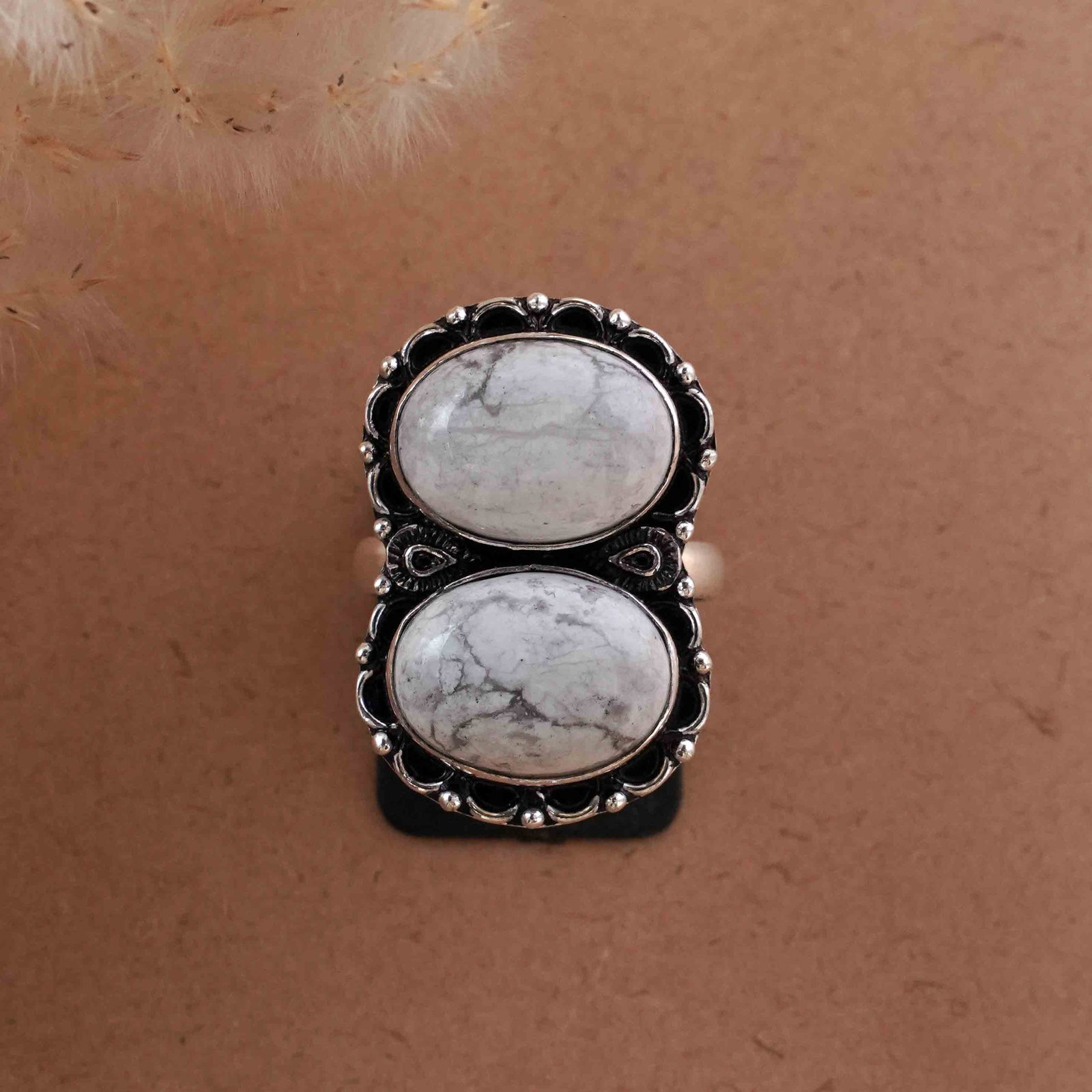 Natural Howlite 92.5 Silver Plated Handmade Ring - 10MM: Product ID: 260430130810 Product - Handmade Silver Plated Ring Metal - 92.5 Sterling Silver Plated Ring Size - 10MM Gemstone - Howlite Gemstone Origin - Canada Gemstone Size - 12X16 MM ( 2 Stone ) Gem
