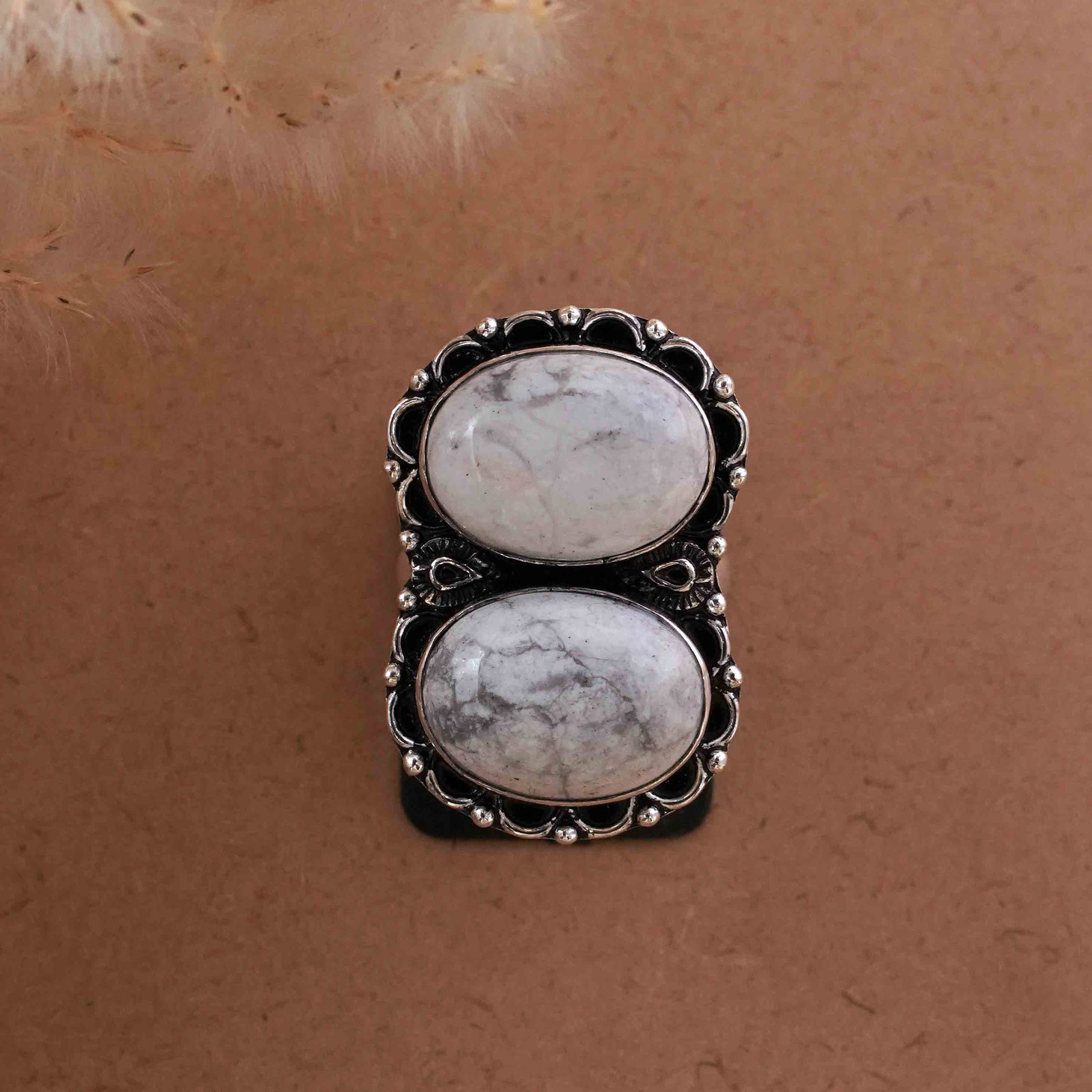 Natural Howlite Sterling Silver Plated Handmade Ring - 7MM: Product ID: 260430130652 Product - Handmade Silver Plated Ring Metal - 92.5 Sterling Silver Plated Ring Size - 7MM Gemstone - Howlite Gemstone Origin - Canada Gemstone Size - 12X16 MM ( 2 Stone ) Gems