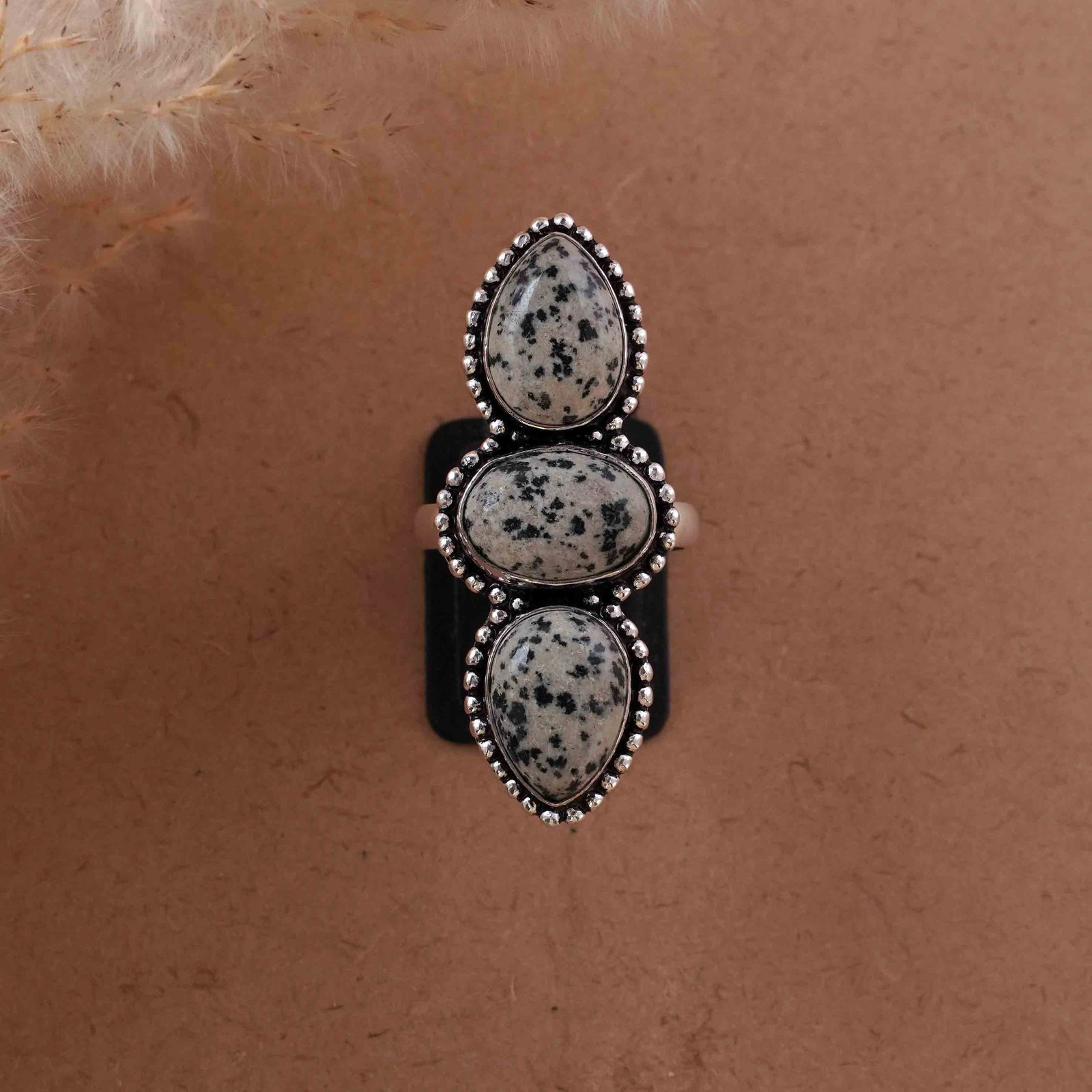 Natural Dalmatian Jasper Silver Plated Handmade Ring - 9MM: Product ID: 260430130608 Product - Handmade Silver Plated Ring Metal - 92.5 Sterling Silver Plated Ring Size - 9MM Gemstone - Dalmatian Gemstone Origin - Mexico Gemstone Size - 10X14 MM ( 3 Stone ) Ge