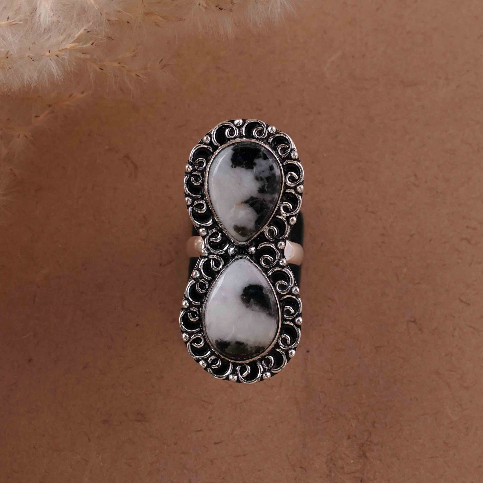 Natural Zebra Jasper 92.5 Silver Plated Handmade Ring - 6.5MM: Product ID: 260430130500 Product - Handmade Silver Plated Ring Metal - 92.5 Sterling Silver Plated Ring Size - 6.5MM Gemstone - Zebra Jasper Gemstone Origin - Africa Gemstone Size - 12X16 MM ( 2 Stone