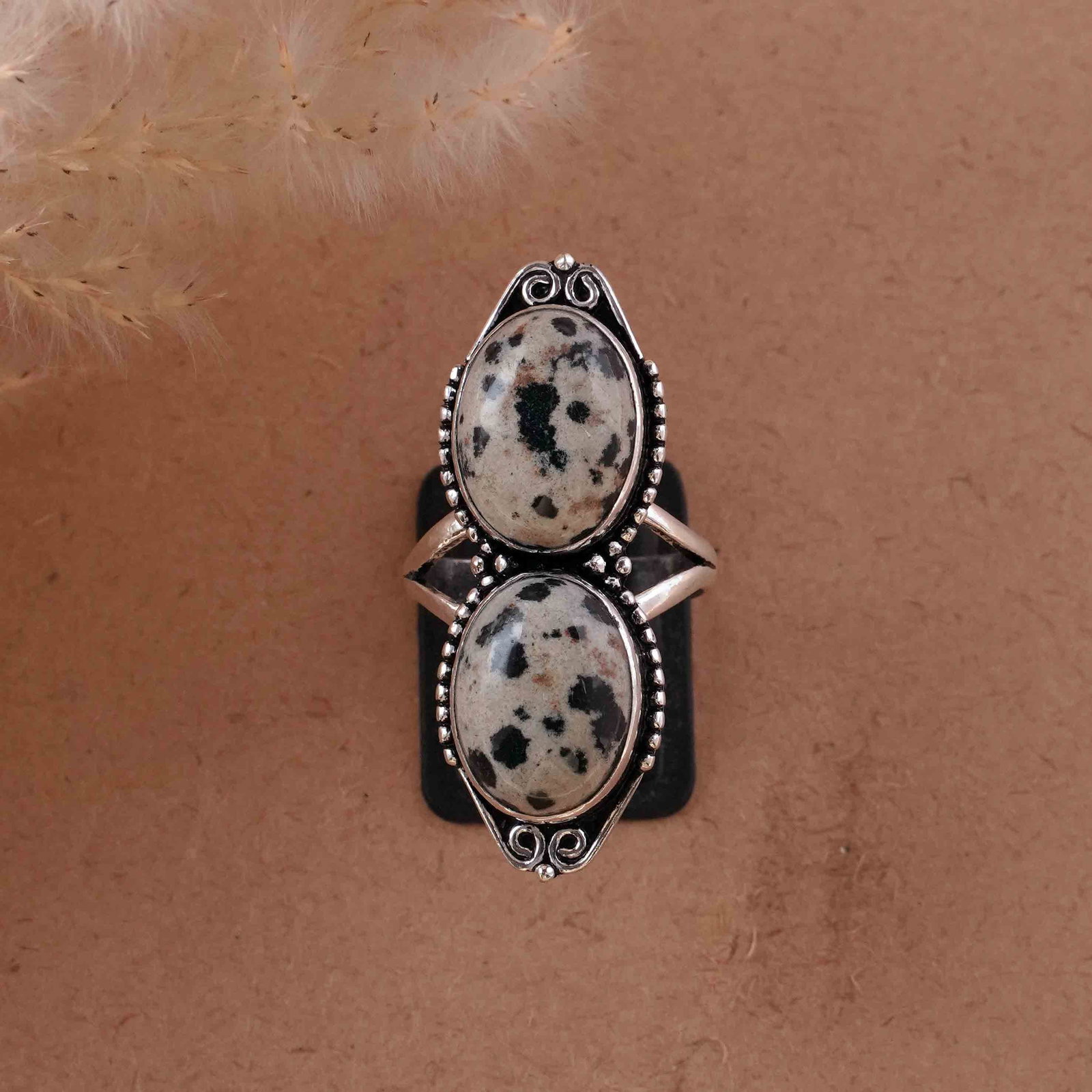 Natural Dalmatian Jasper Silver Plated Handmade Ring - 9MM: Product ID: 260430130315 Product - Handmade Silver Plated Ring Metal - 92.5 Sterling Silver Plated Ring Size - 9MM Gemstone - Dalmatian Gemstone Origin - Mexico Gemstone Size - 12X16 MM ( 2 Stone ) Ge