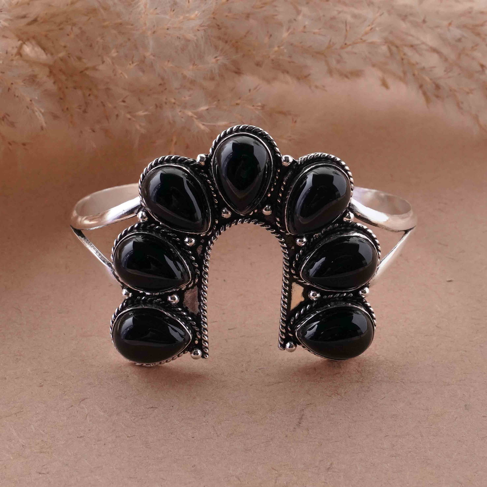 Natural Black Onyx 92.5 Silver Plated Handmade Cuff Bangle (1 of 4)