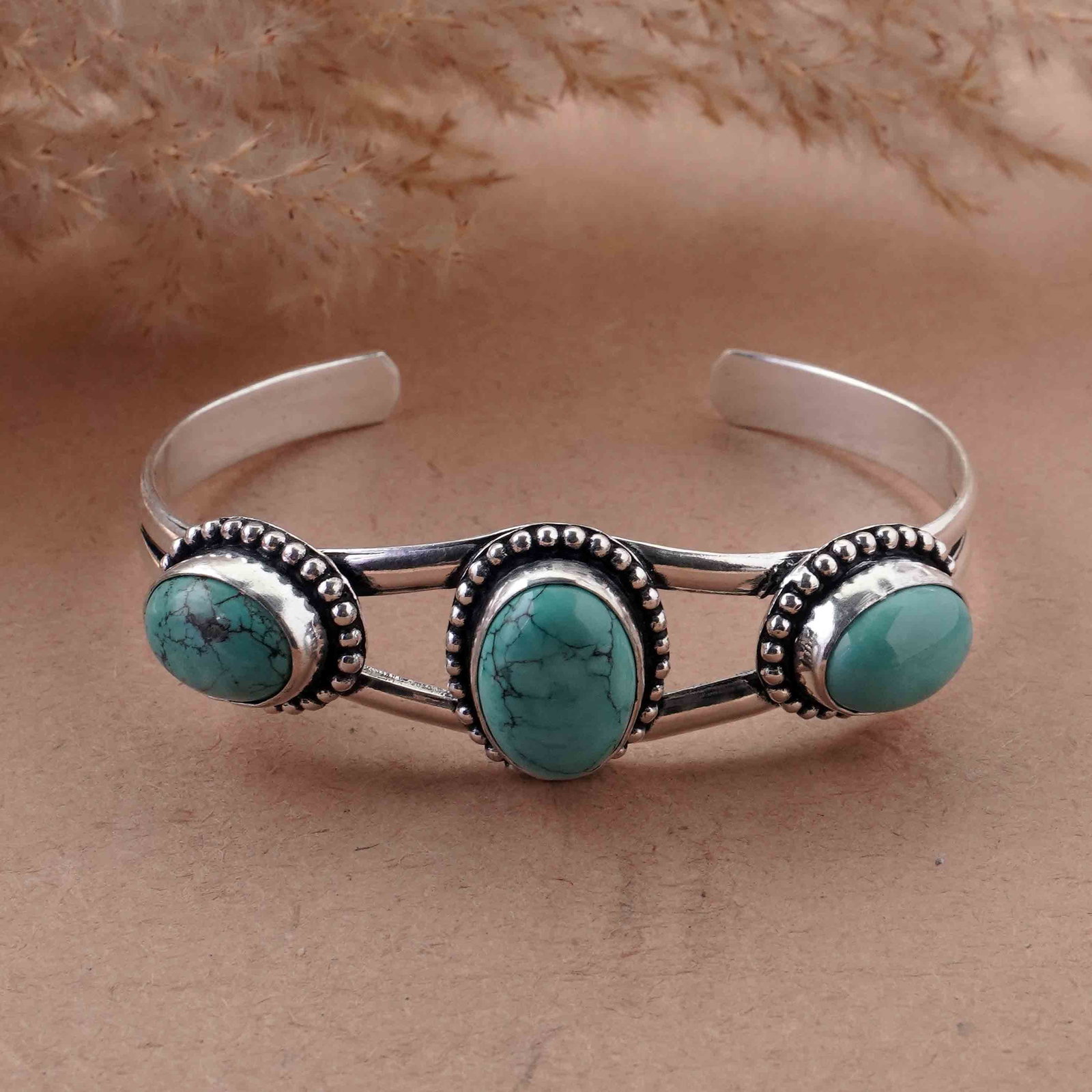 Natural Turquoise 92.5 Silver Plated Handmade Bangle: Product ID: 260429154732 Product - Handmade Silver Plated Cuff Bangle Metal - 92.5 Sterling Silver Plated Bangle Size - 6.5x4.5 CM (Adjustable) Gemstone - Turquoise Gemstone Origin - Tibet Gemstone Si