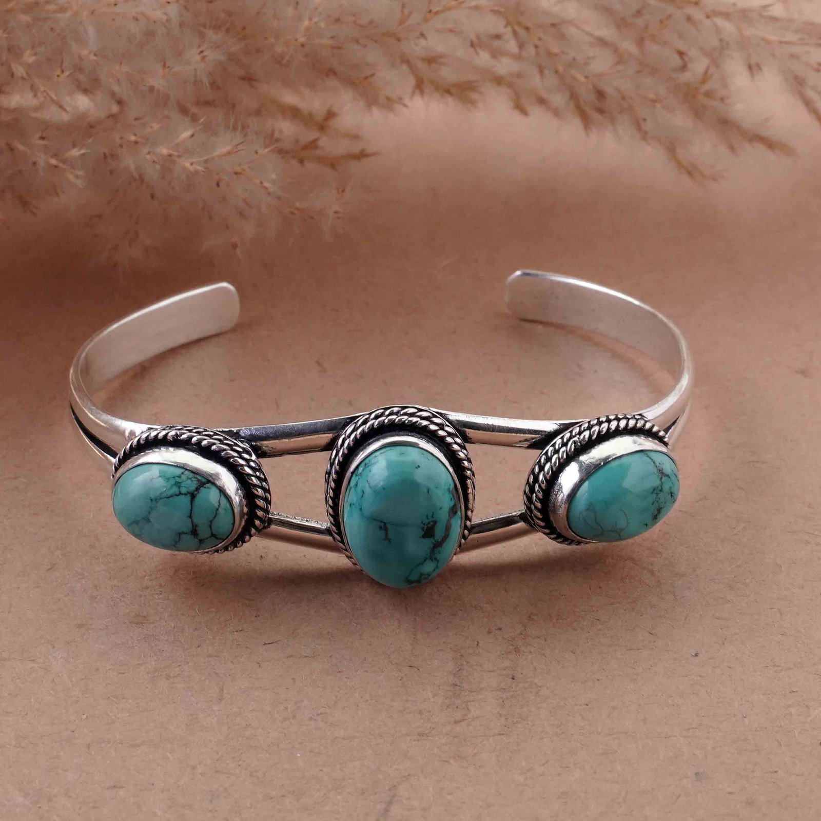 Natural Turquoise Silver Plated Handmade Cuff Bangle: Product ID: 260429154549 Product - Handmade Silver Plated Cuff Bangle Metal - 92.5 Sterling Silver Plated Bangle Size - 6.5x4.5 CM (Adjustable) Gemstone - Turquoise Gemstone Origin - Tibet Gemstone Si