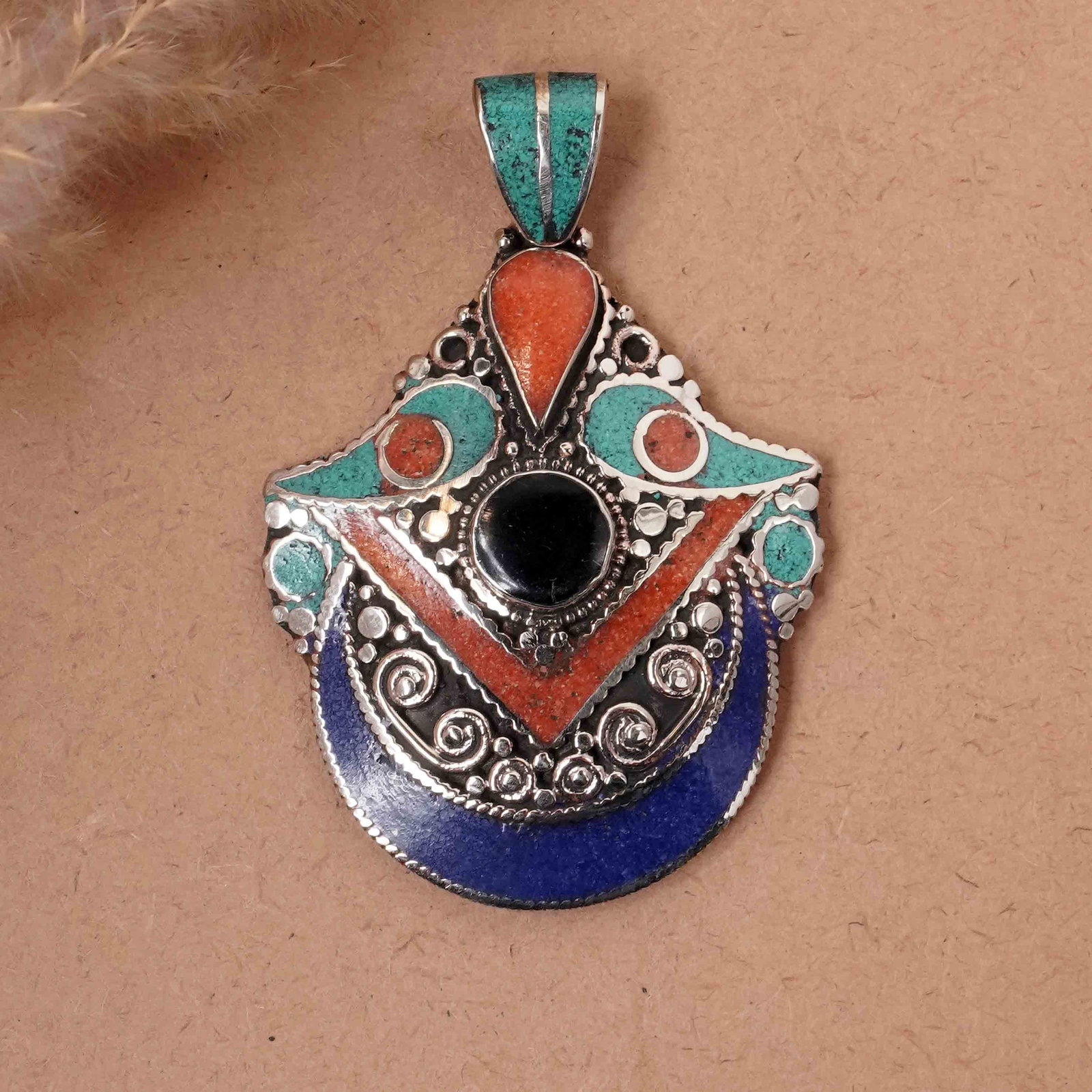 Tibetan Turquoise & Coral Handmade Ethnic Choker Pendant: Product ID: 260417144813 Product - Tibetan Handmade Ethnic Pendant Gemstone - Natural Turquoise & Coral & Black Onyx & Lapis Pendant Size - 6X5 CM Pendant Weight - 26 Gram Metal - Brass & Copper mix M
