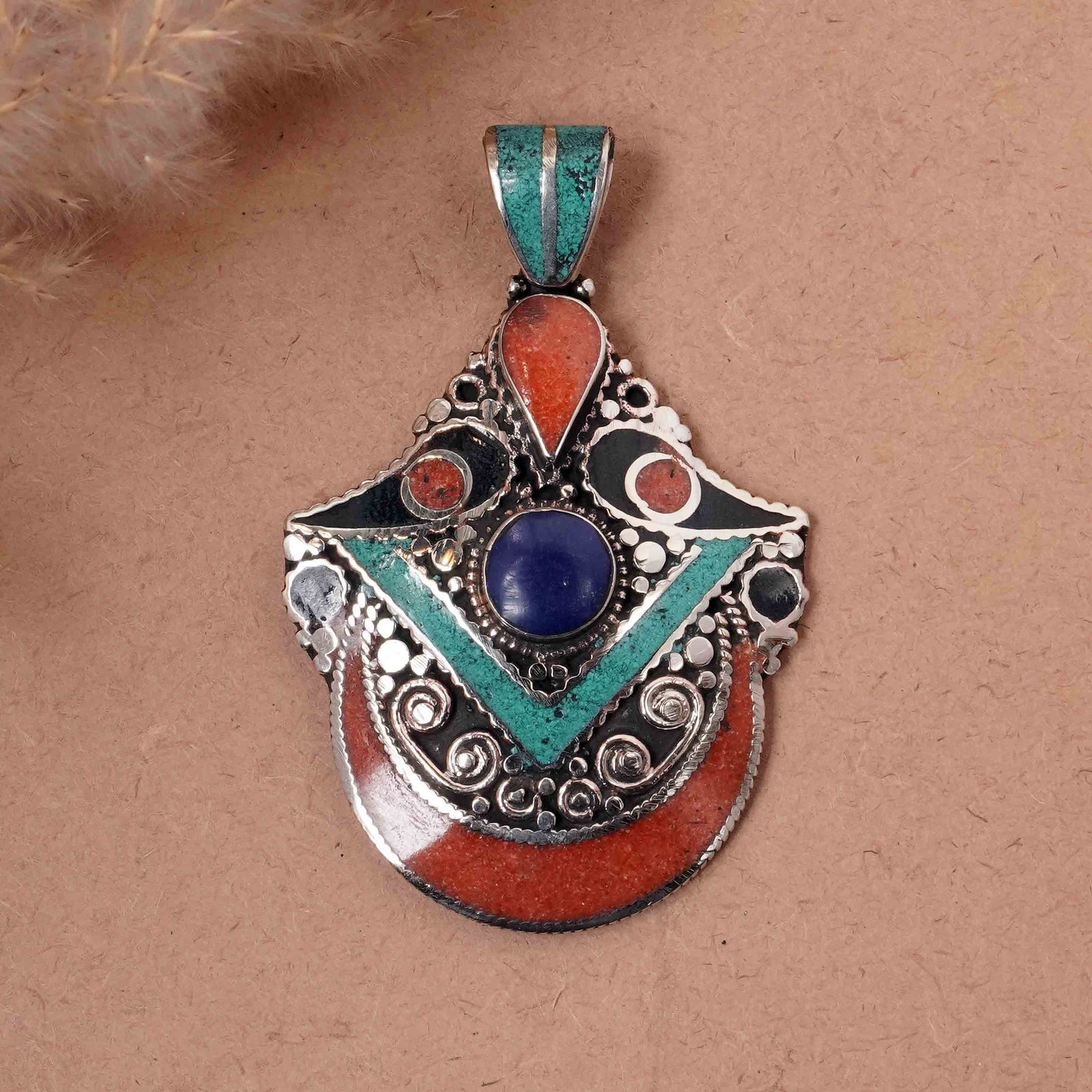 Tibetan Turquoise & Coral Handmade Boho Pendant: Product ID: 260417142336 Product - Tibetan Handmade Ethnic Pendant Gemstone - Natural Turquoise & Coral & Black Onyx & Lapis Pendant Size - 6X5 CM Pendant Weight - 26 Gram Metal - Brass & Copper mix M