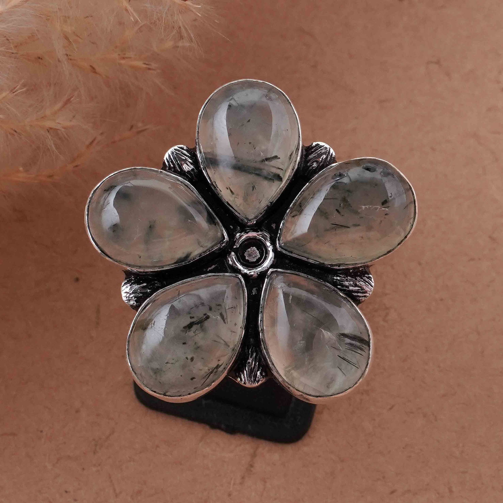 Natural Prehnite Silver Plated Handmade Flower Ring - 8MM: Product ID: 260417133836 Product - Handmade Silver Plated Ring Metal - 92.5 Sterling Silver Plated Ring Size - 8MM Gemstone - Prehnite Gemstone Origin - South Africa Gemstone Size - 10X14 MM ( 5 Stone