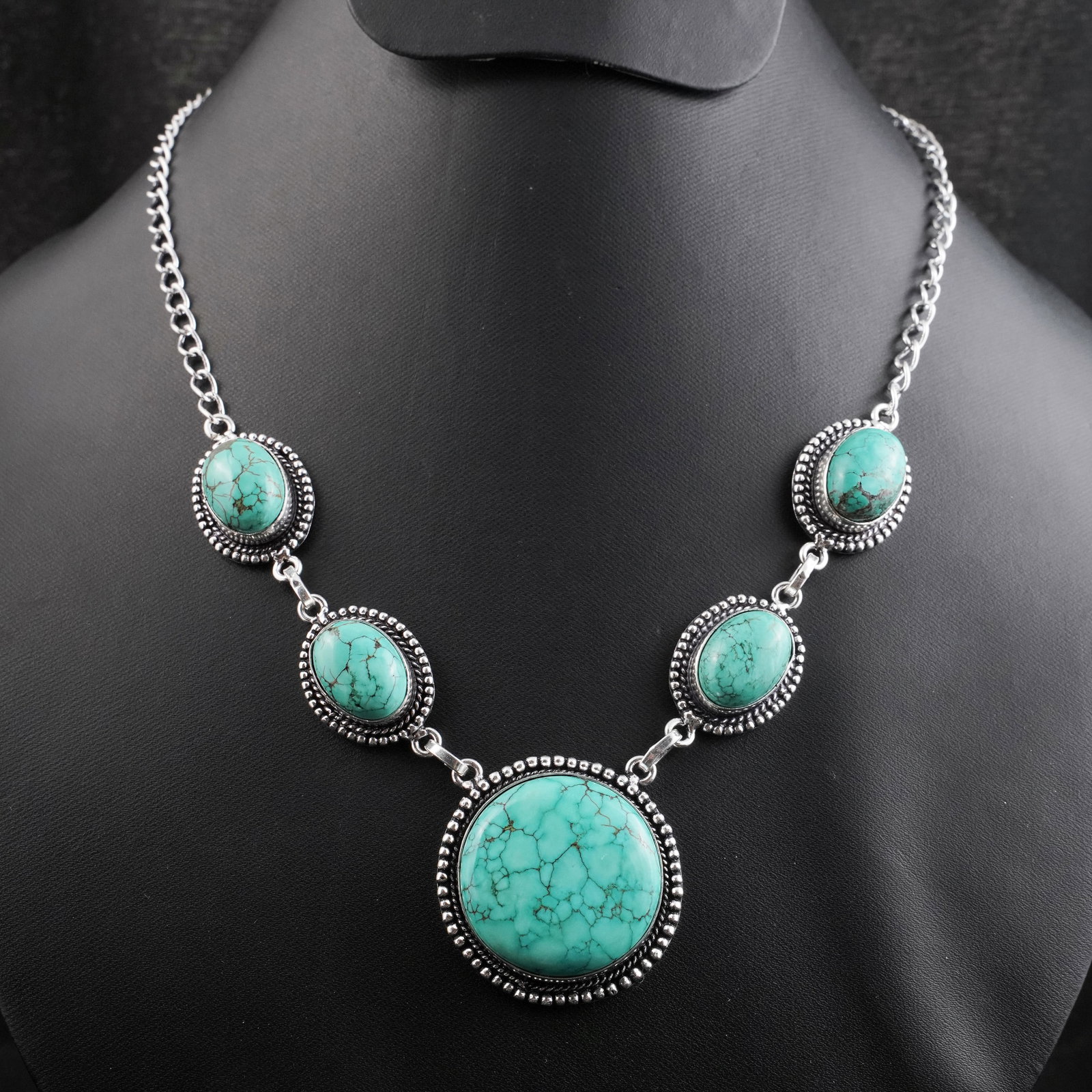 Natural Turquoise Silver Plated Handmade Choker Necklace: Product ID: 260430173745 Product - Handmade Silver Plated Necklace Metal - 92.5 Sterling Silver Plated Necklace Length - 18 Inch Gemstone - Turquoise Gemstone Size - 12X16 MM (4 Stone), 3 CM (1 Stone)