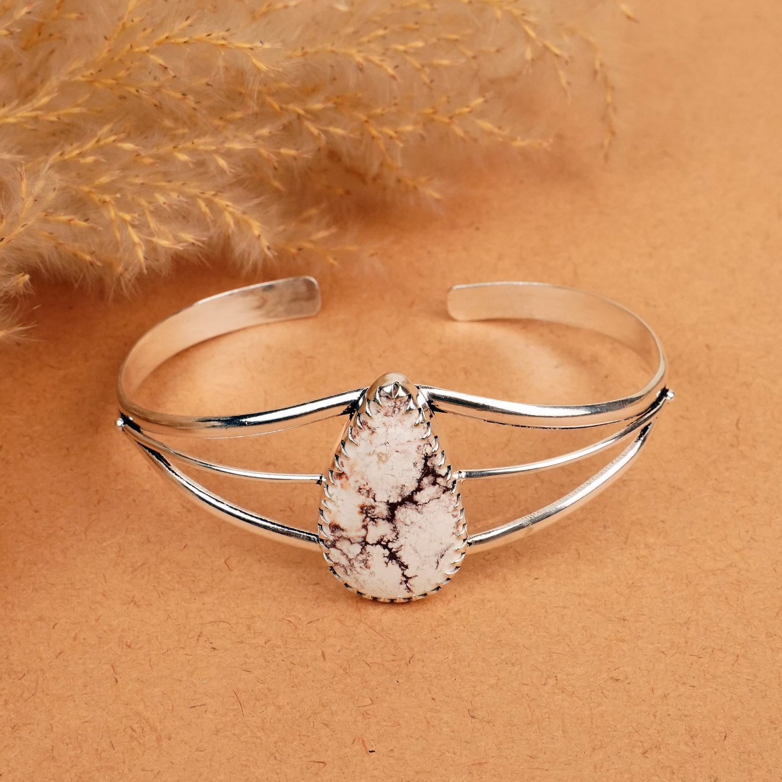 Natural Wild Horse Silver Plated Handmade Cuff Bangle: Product ID: 260412115722 Product - Handmade Silver Plated Cuff Bangle Metal - 92.5 Sterling Silver Plated Bangle Size - 7.5x5.5 CM (Adjustable) Gemstone - Wild Horse Gemstone Origin - United States Ge