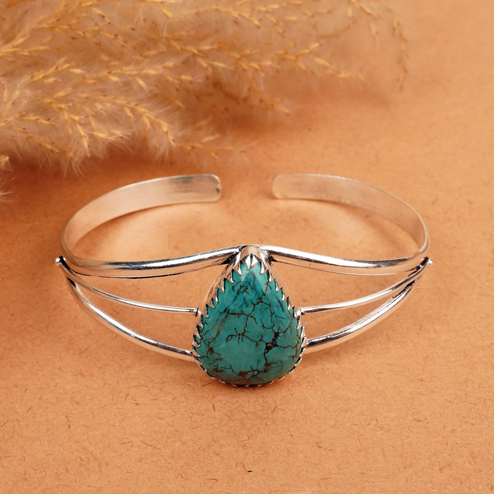 Natural Turquoise Silver Plated Handmade Cuff Bangle: Product ID: 260412115623 Product - Handmade Silver Plated Cuff Bangle Metal - 92.5 Sterling Silver Plated Bangle Size - 7.5x5.5 CM (Adjustable) Gemstone - Turquoise Gemstone Origin - Tibet Gemstone Si