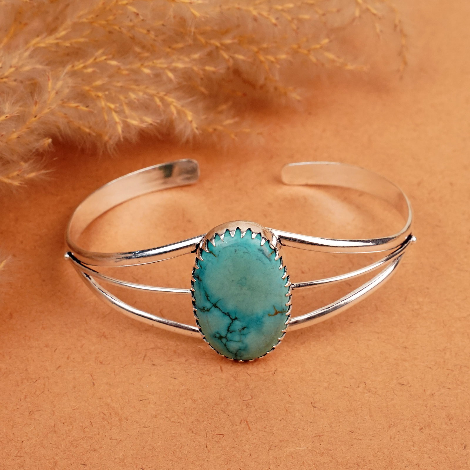 Natural Turquoise Silver Plated Handmade Cuff Bangle: Product ID: 260412115253 Product - Handmade Silver Plated Cuff Bangle Metal - 92.5 Sterling Silver Plated Bangle Size - 7.5x5.5 CM (Adjustable) Gemstone - Turquoise Gemstone Origin - Tibet Gemstone Si
