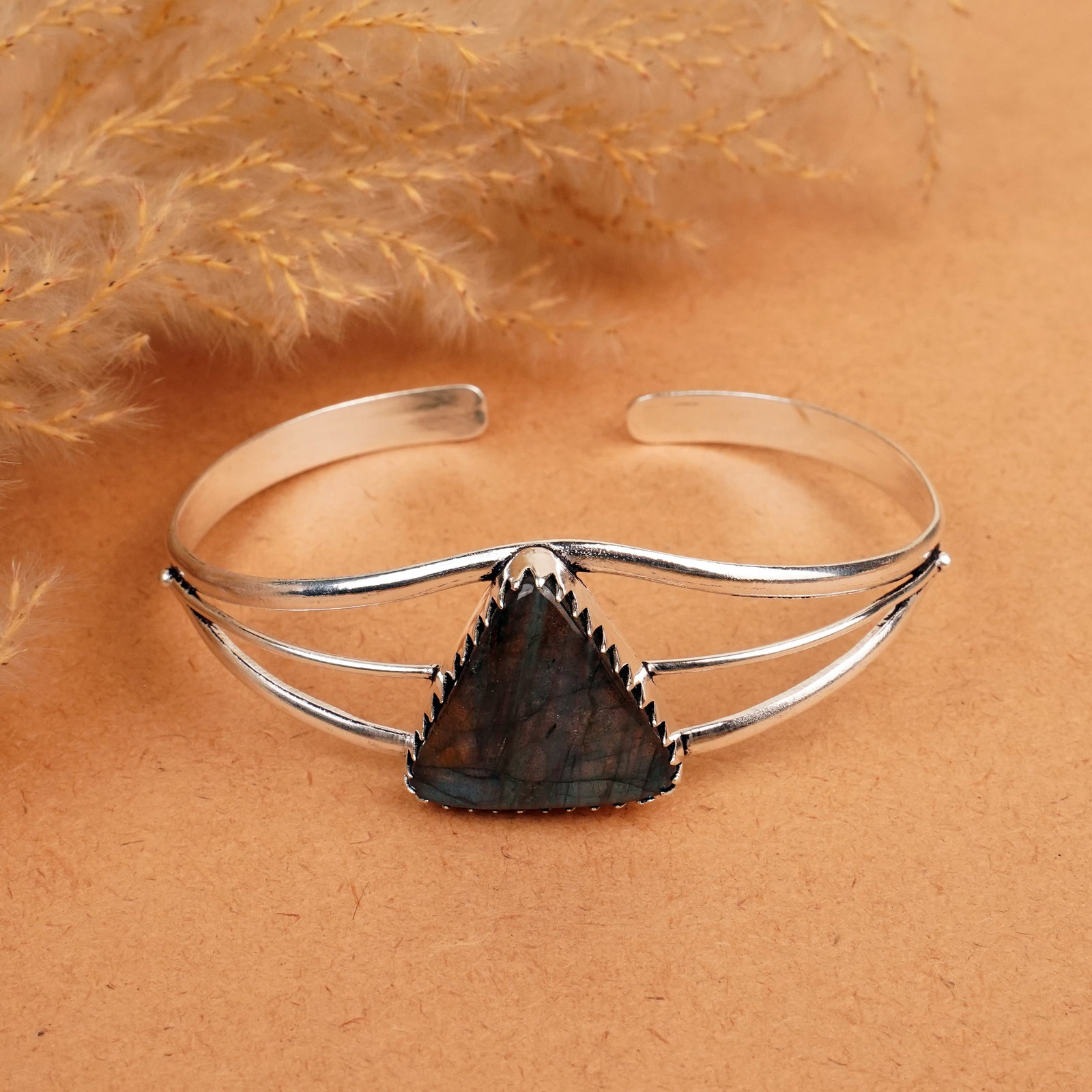 Natural Labradorite Silver Plated Handmade Cuff Bangle (1 of 4)