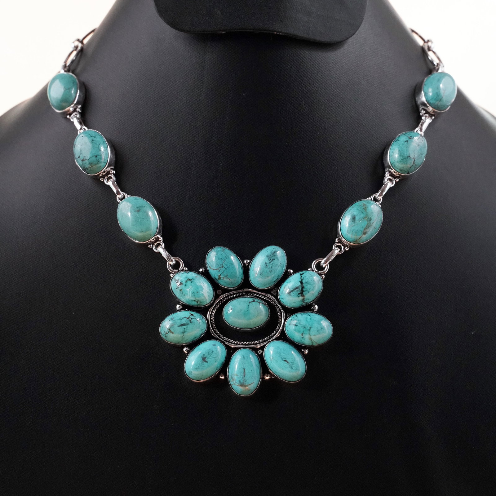 Natural Turquoise Silver Plated Handmade Choker Necklace: Product ID: 260503130912 Product - Handmade Silver Plated Necklace Metal - 92.5 Sterling Silver Plated Necklace Length - 18 Inch Gemstone - Turquoise Gemstone Size - 10X14 MM ( 10 Stone ), 12X16 MM ( 