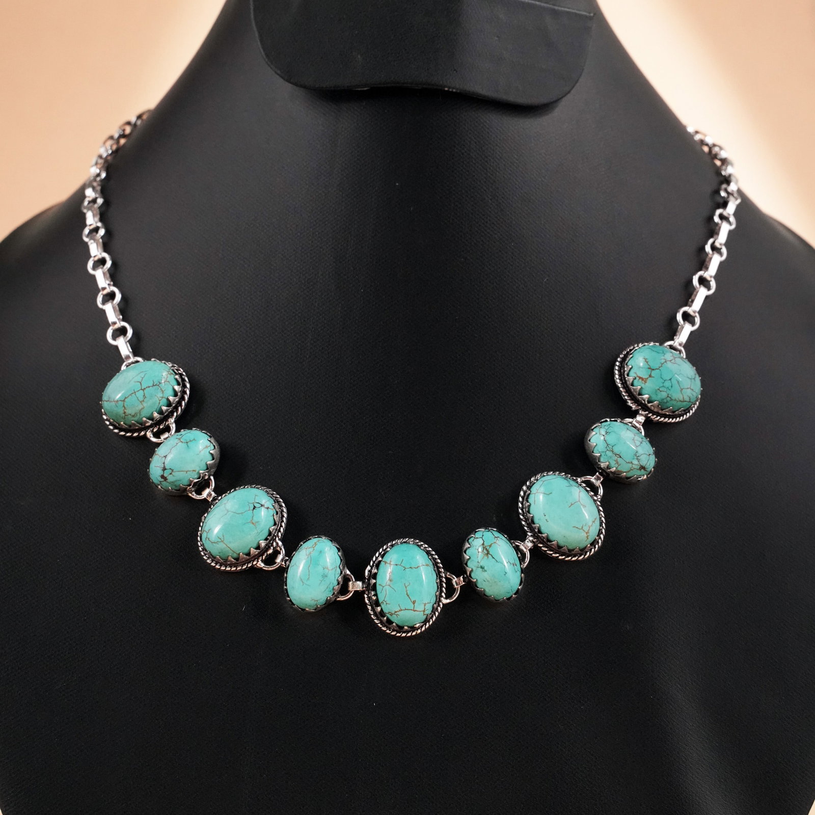 Natural Turquoise Silver Plated Handmade Choker Necklace: Product ID: 260503125720 Product - Handmade Silver Plated Necklace Metal - 92.5 Sterling Silver Plated Necklace Length - 18 Inch Gemstone - Turquoise Gemstone Size - 12X16 MM (5 Stone), 10X14 MM (4 St