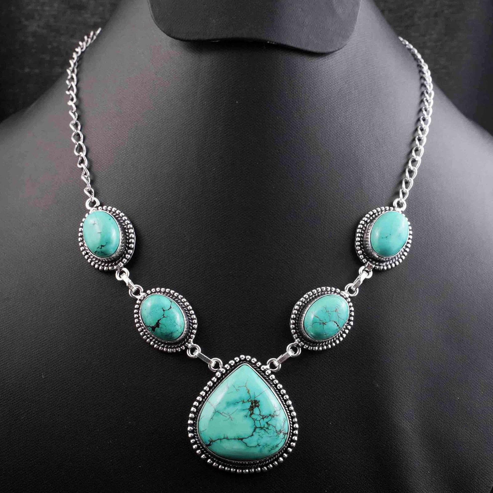 Natural Turquoise Silver Plated Handmade Choker Necklace: Product ID: 260430171343 Product - Handmade Silver Plated Necklace Metal - 92.5 Sterling Silver Plated Necklace Length - 18 Inch Gemstone - Turquoise Gemstone Size - 12X16 MM (4 Stone), 3X2.5 CM (1 St