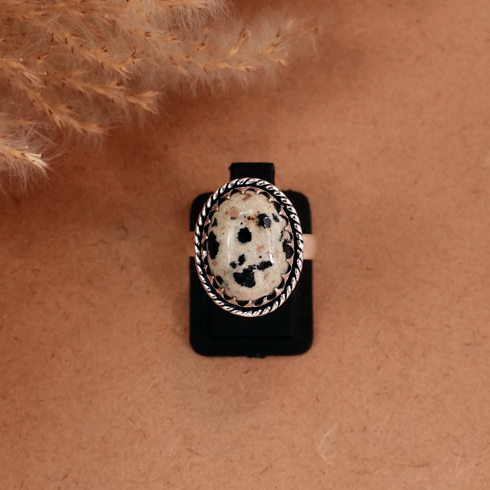 Natural Dalmatian Jasper Silver Plated Handmade Ring - 8MM: Product ID: 260510121422 Product - Handmade Silver Plated Ring Metal - 92.5 Sterling Silver Plated Ring Size - 6.5MM Gemstone - Dalmatian Jasper Gemstone Origin - Mexico Gemstone Size - 12X16 MM Gemst