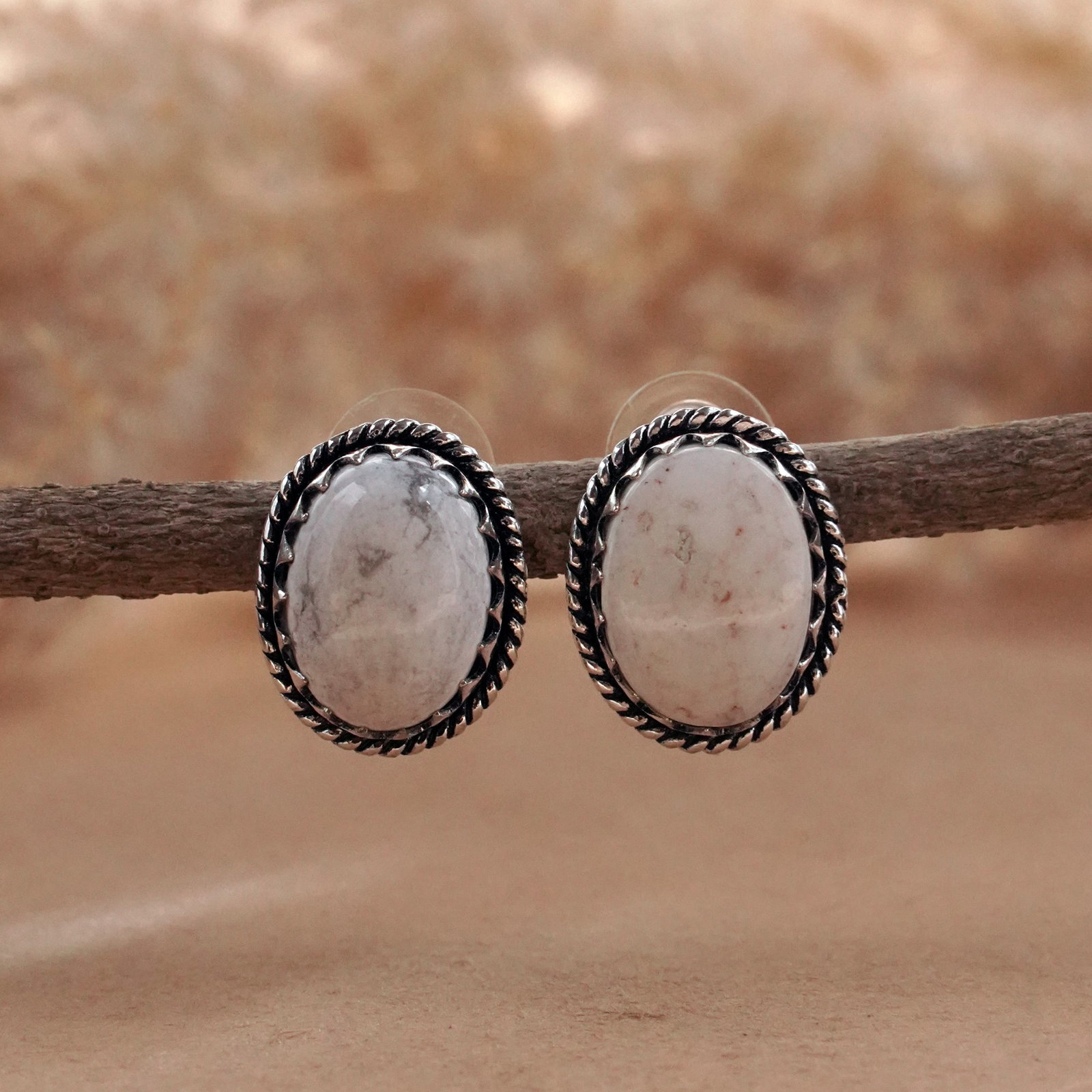 Natural Howlite Silver Plated Handmade Stud Earring: Product ID: 260503144643 Product - Handmade Silver Plated Stud Earring Metal - 92.5 Sterling Silver Plated Earring Type - Stud Gemstone - Howlite Gemstone Origin - Canada Gemstone Size - 12X16 MM ( 2 