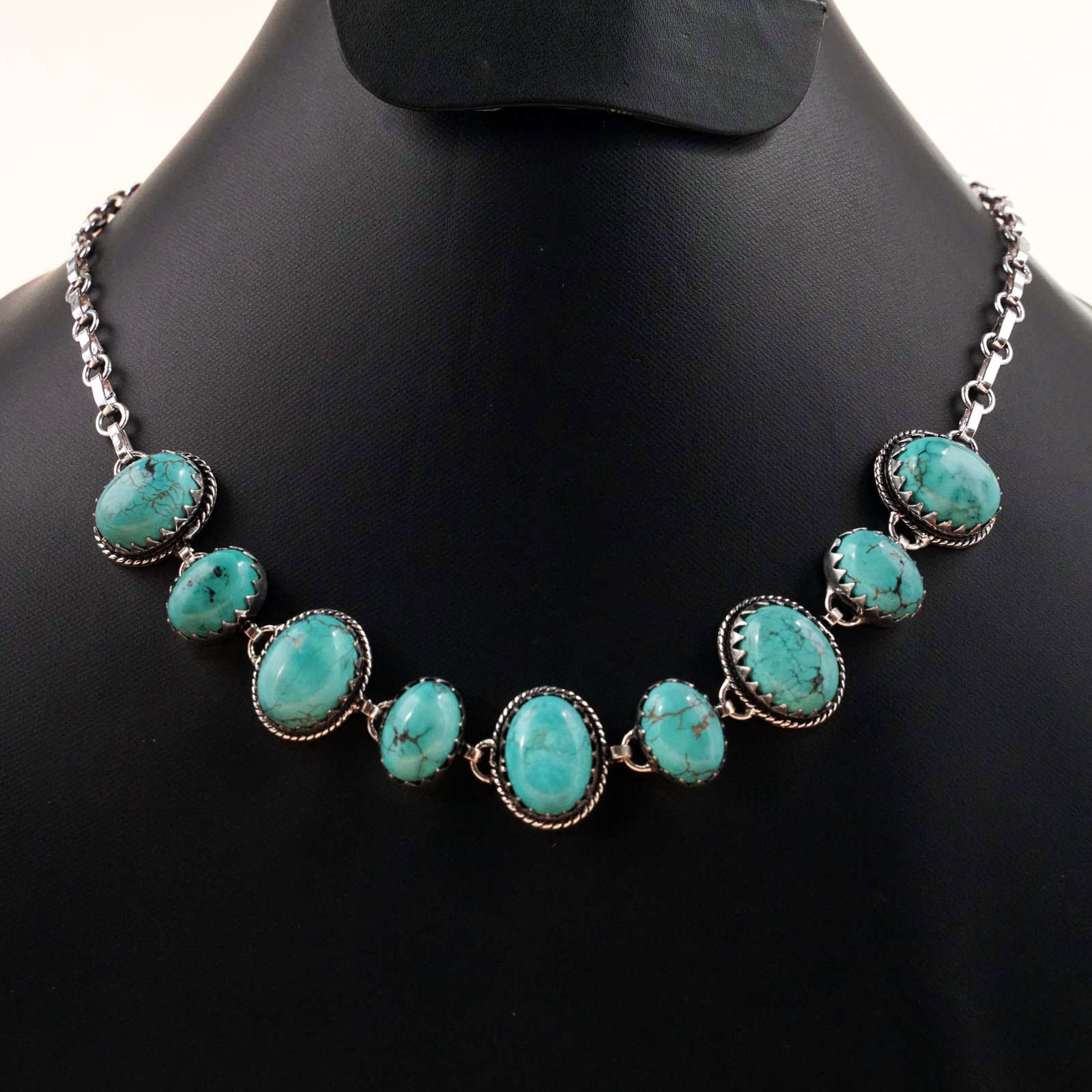 Natural Turquoise Silver Plated Handmade Choker Necklace: Product ID: 260503130045 Product - Handmade Silver Plated Necklace Metal - 92.5 Sterling Silver Plated Necklace Length - 18 Inch Gemstone - Turquoise Gemstone Size - 12X16 MM (5 Stone), 10X14 MM (4 St
