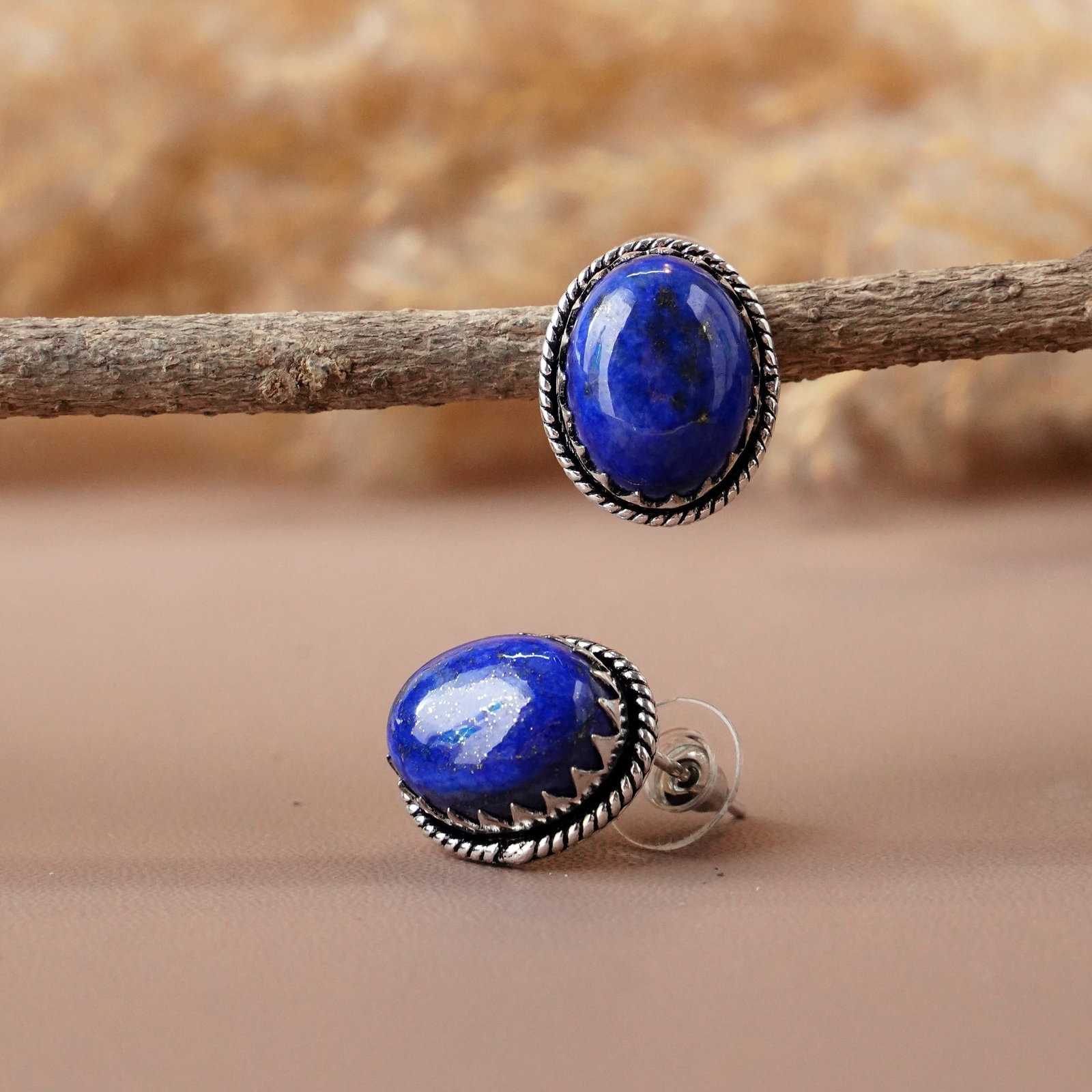 Natural Lapis Lazuli Silver Plated Handmade Stud Earring - 3