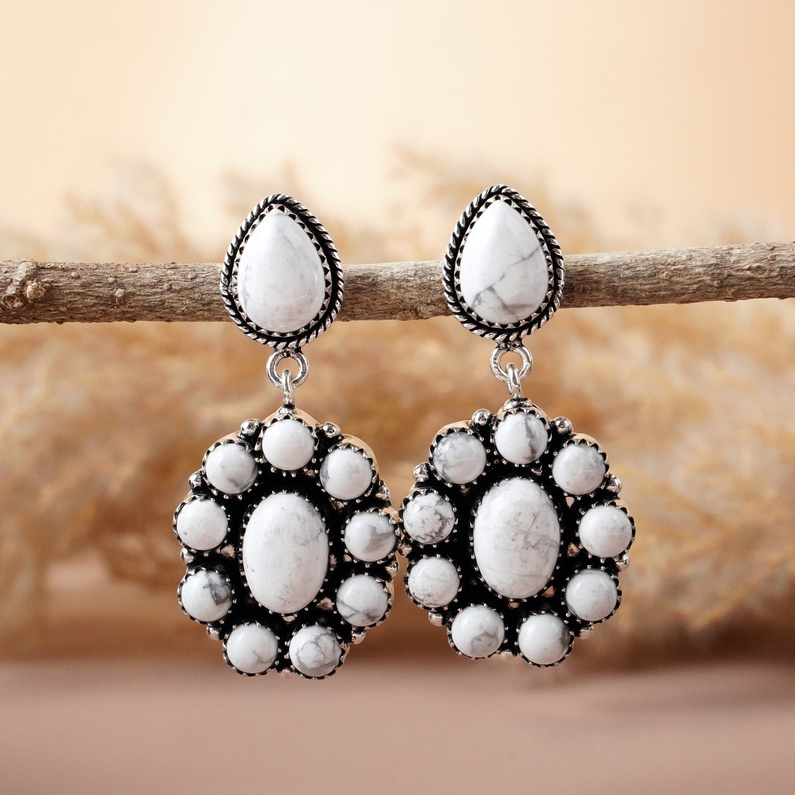 Natural Howlite Silver Plated Handmade Stud Earring: Product ID: 260512144200 Product - Handmade Silver Plated Stud Earring Metal - 92.5 Sterling Silver Plated Earring Type - Stud Gemstone - Howlite Gemstone Origin - Canada Gemstone Size - 10X14 MM ( 4