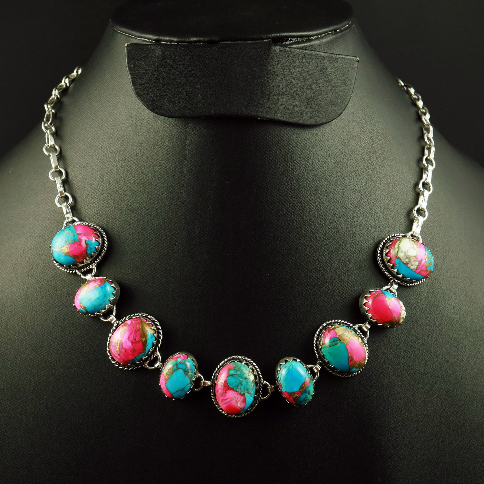 Natural Cotton Candy Silver Plated Handmade Choker Necklace: Product ID: 260513180412 Product - Handmade Silver Plated Necklace Metal - 92.5 Sterling Silver Plated Necklace Length - 18 Inch Gemstone - Cotton Candy Gemstone Size - 12X16 MM (5 Stone), 10X14 MM (4