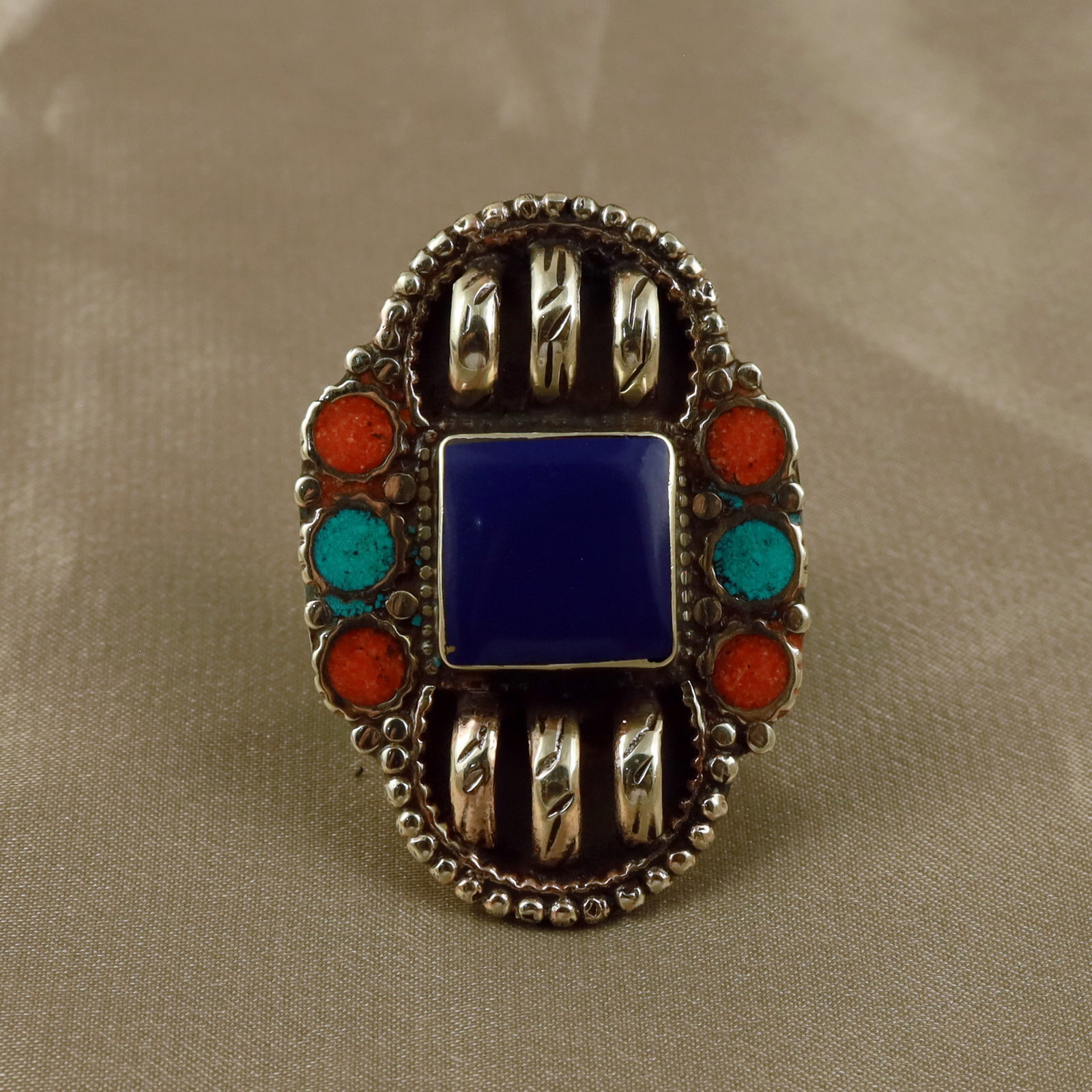 Tibetan Turquoise & Lapis Handmade Ring - Free Size (1 of 3)
