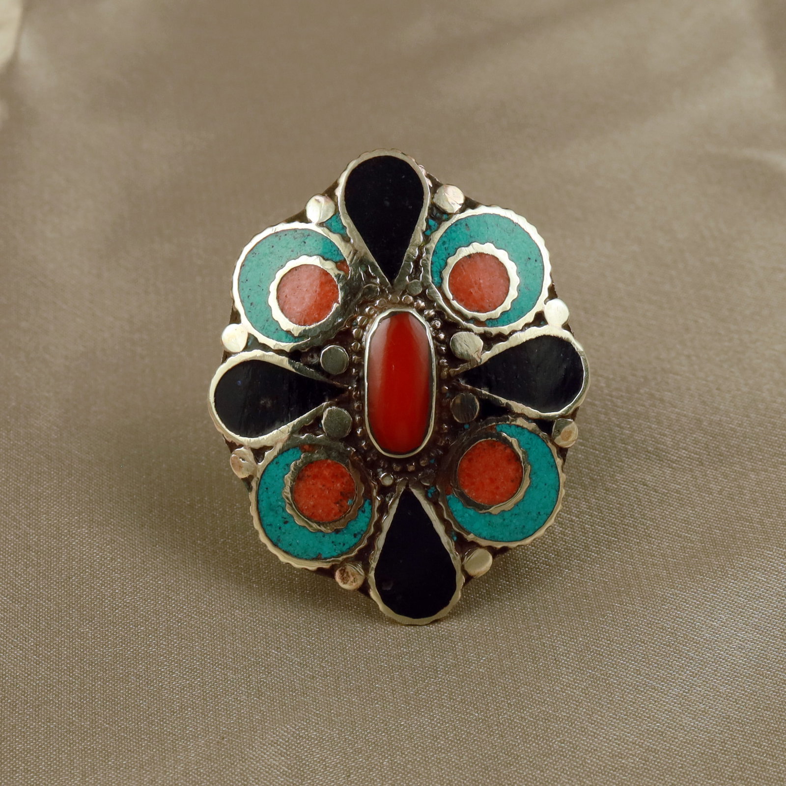 Tibetan Turquoise & Black Onyx Handmade Ring - Free Size: Product ID: 260512153108 Product - Tibetan Handmade Ethnic Ring Ring Size - Free Size Ring Weight - 17 Gram Gemstone - Turquoise & Black Onyx & Coral Metal - Brass & Copper mix Metal Origin - Nepal Co