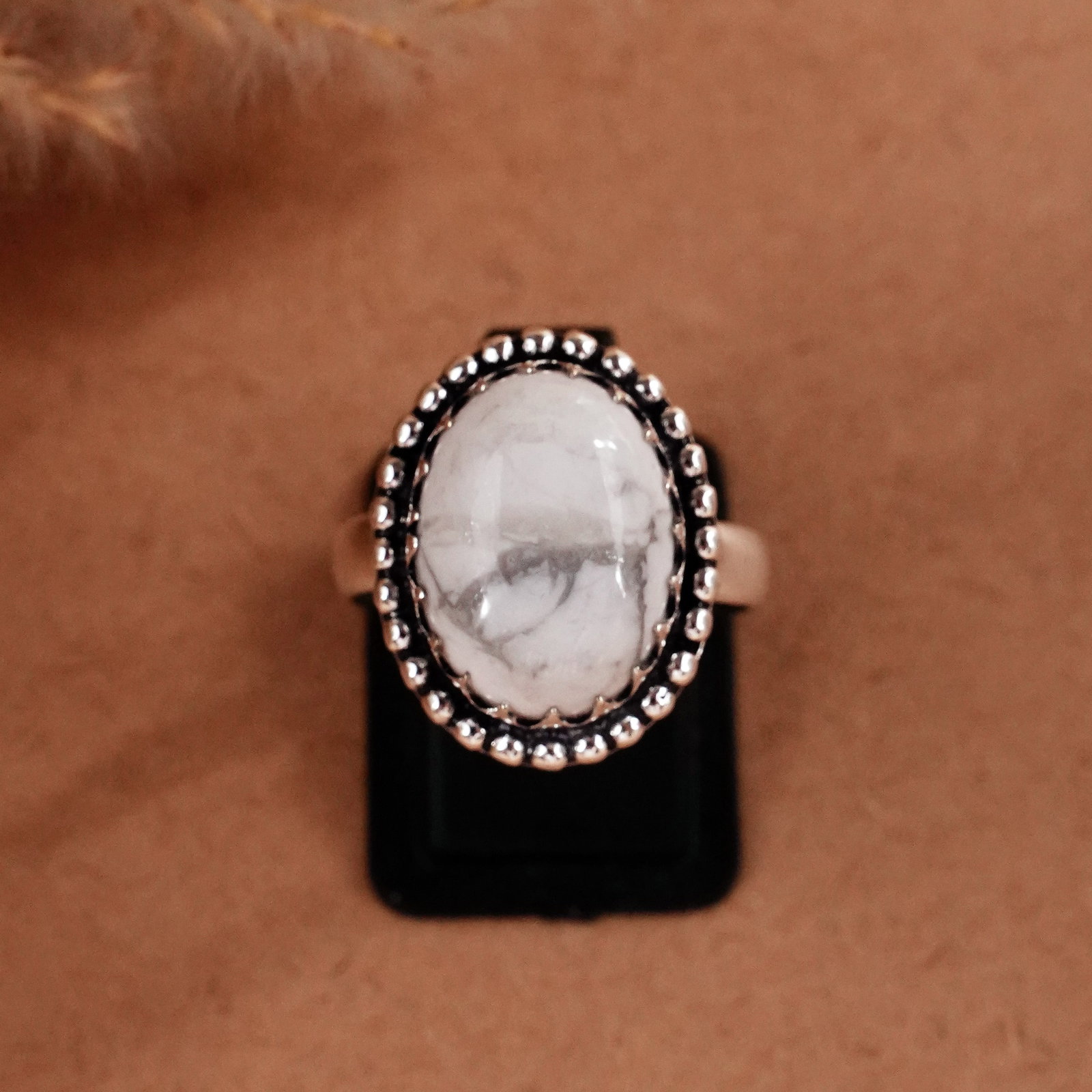 Natural Howlite Silver Plated Handmade Ring - 9MM: Product ID: 260510125447 Product - Handmade Silver Plated Ring Metal - 92.5 Sterling Silver Plated Ring Size - 9MM Gemstone - Howlite Gemstone Origin - Canada Gemstone Size - 12X16 MM Gemstone Shape -