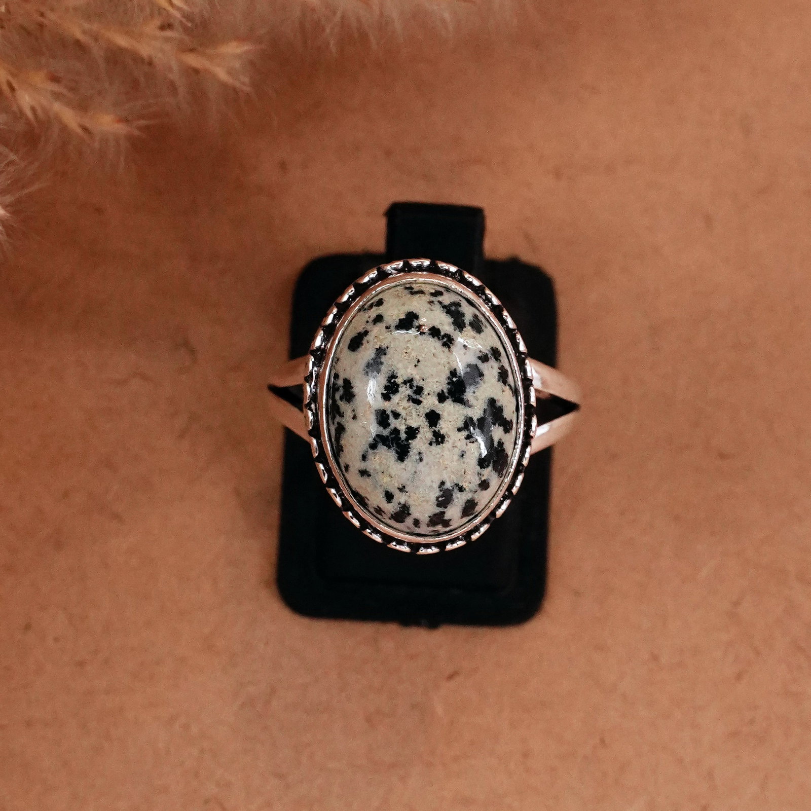 Natural Dalmatian Jasper Silver Plated Handmade Ring - 8.5MM: Product ID: 260510122218 Product - Handmade Silver Plated Ring Metal - 92.5 Sterling Silver Plated Ring Size - 8.5MM Gemstone - Dalmatian Jasper Gemstone Origin - Mexico Gemstone Size - 12X16 MM Gemst