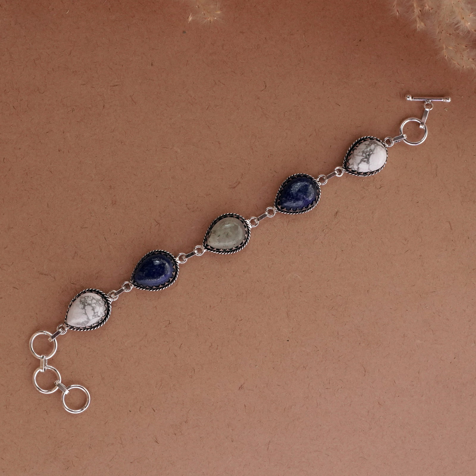 Natural Howlite / Lapis / Perhnite Silver Plated Handmade Bracelet: Product ID: 260502114624 Product - Handmade Silver Plated Bracelet Metal - 92.5 Sterling Silver Plated Bracelet Length - 6 Inch + 2 Inch Gemstone - Howlite / Lapis / Perhnite Gemstone Size -12X16 ( 5 