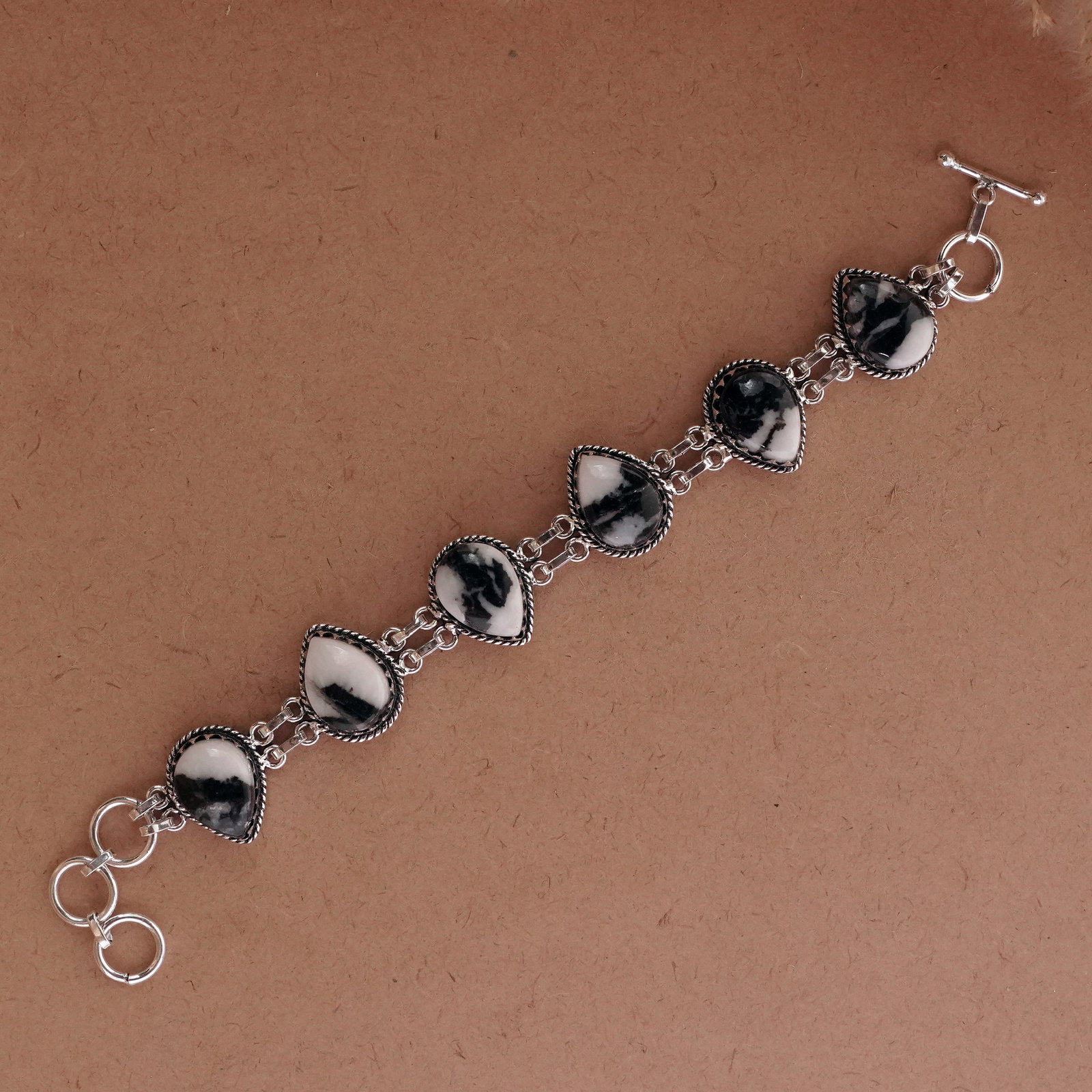 Natural Zebra Jasper Sterling Silver Plated Handmade Bracelet: Product ID: 260502114418 Product - Handmade Silver Plated Bracelet Metal - 92.5 Sterling Silver Plated Bracelet Length - 6 Inch + 2 Inch Gemstone - Zebra Jasper Gemstone Size -12X16 ( 6 Stone) Gemston