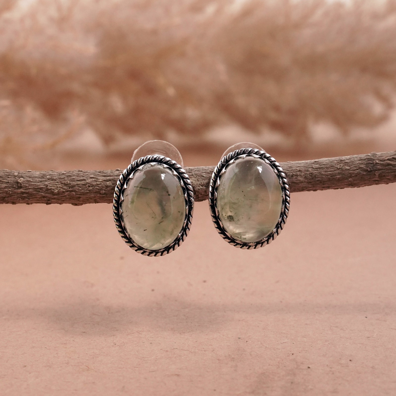 Natural Prehnite Sterling Silver Plated Handmade Stud Earring: Product ID: 260501131034 Product - Handmade Silver Plated Stud Earring Metal - 92.5 Sterling Silver Plated Earring Type - Stud Gemstone - Prehnite Gemstone Origin - South Africa Gemstone Size - 12X16 