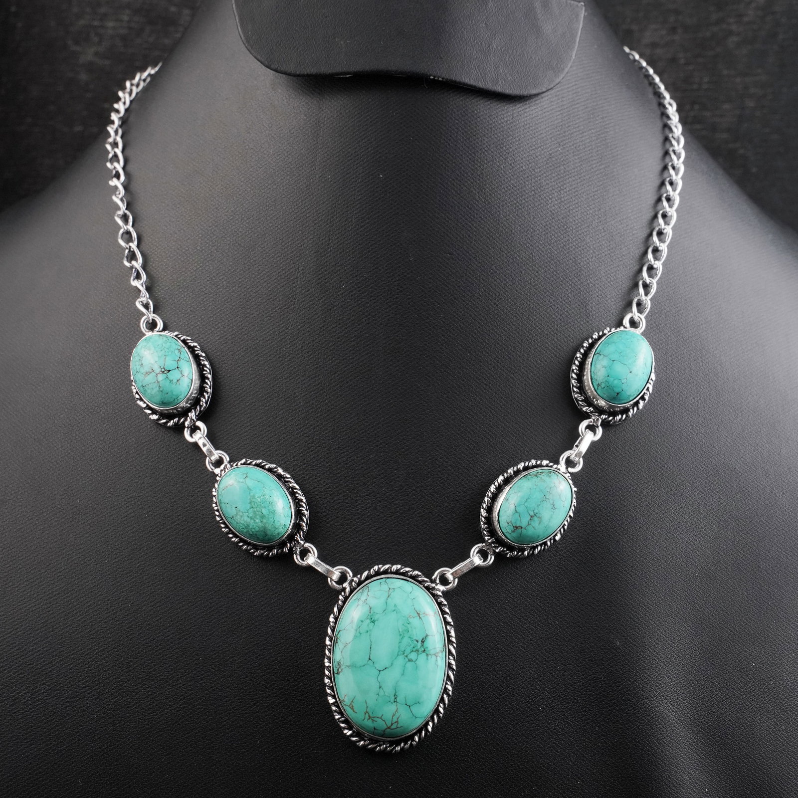 Natural Turquoise Silver Plated Handmade Choker Necklace: Product ID: 260430174205 Product - Handmade Silver Plated Necklace Metal - 92.5 Sterling Silver Plated Necklace Length - 18 Inch Gemstone - Turquoise Gemstone Size - 12X16 MM (4 Stone), 3X2 CM (1 Ston