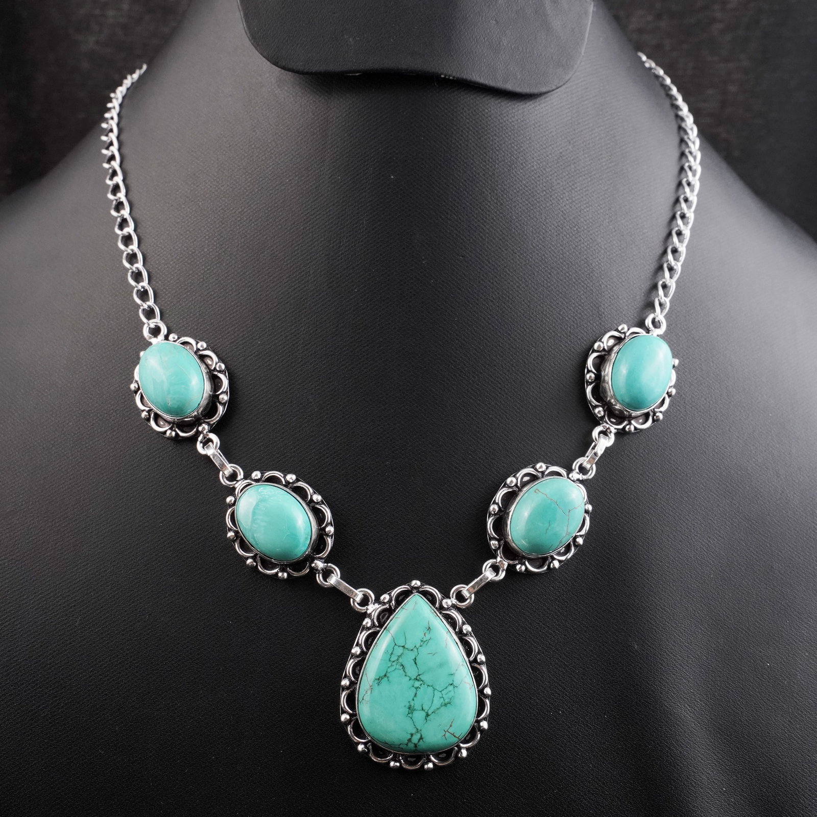 Natural Turquoise Silver Plated Handmade Choker Necklace: Product ID: 260430173632 Product - Handmade Silver Plated Necklace Metal - 92.5 Sterling Silver Plated Necklace Length - 18 Inch Gemstone - Turquoise Gemstone Size - 12X16 MM (4 Stone), 3X2 CM (1 Ston