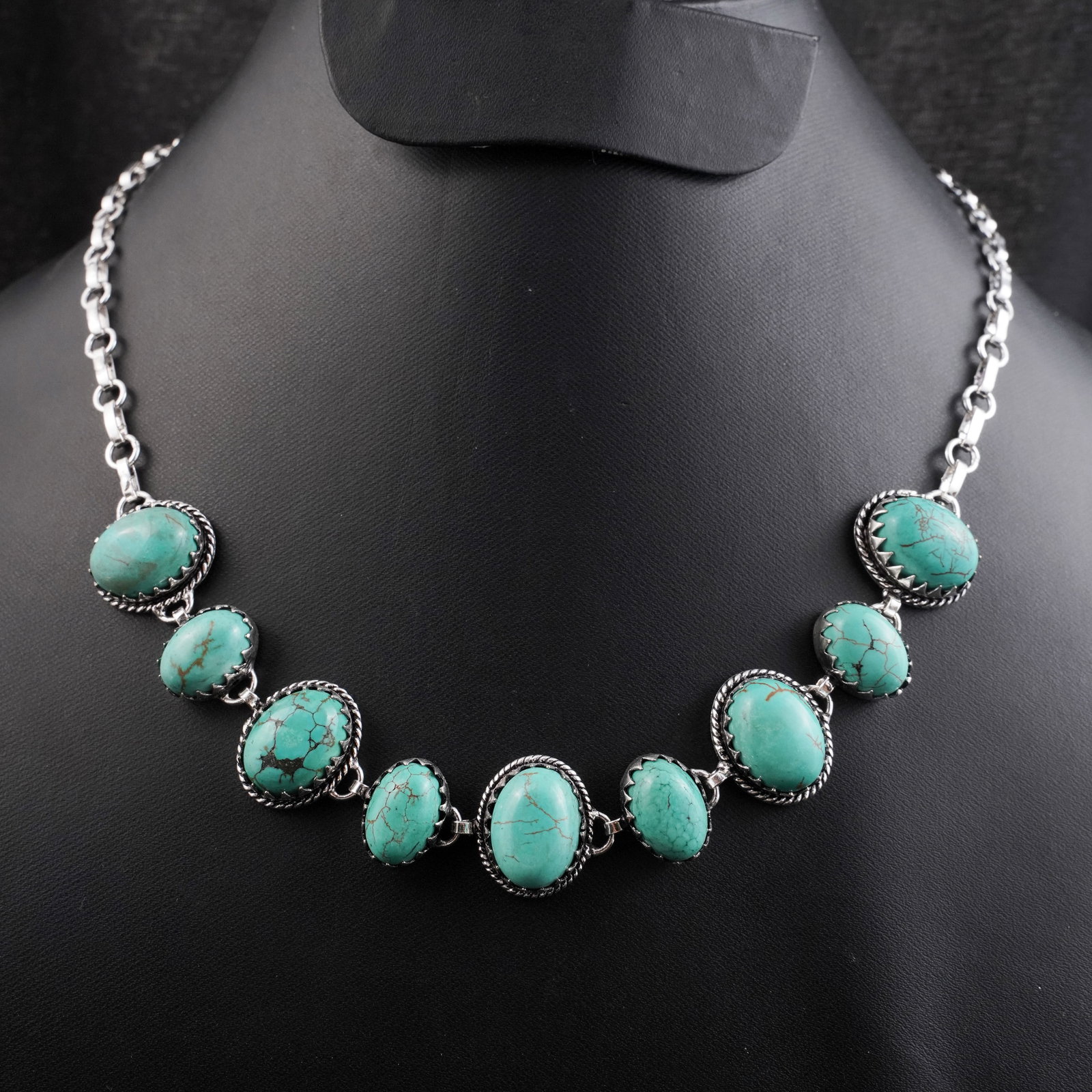 Natural Turquoise Silver Plated Handmade Choker Necklace: Product ID: 260430160332 Product - Handmade Silver Plated Necklace Metal - 92.5 Sterling Silver Plated Necklace Length - 18 Inch Gemstone - Turquoise Gemstone Size - 12X16 MM (5 Stone), 10X14 MM (4 St