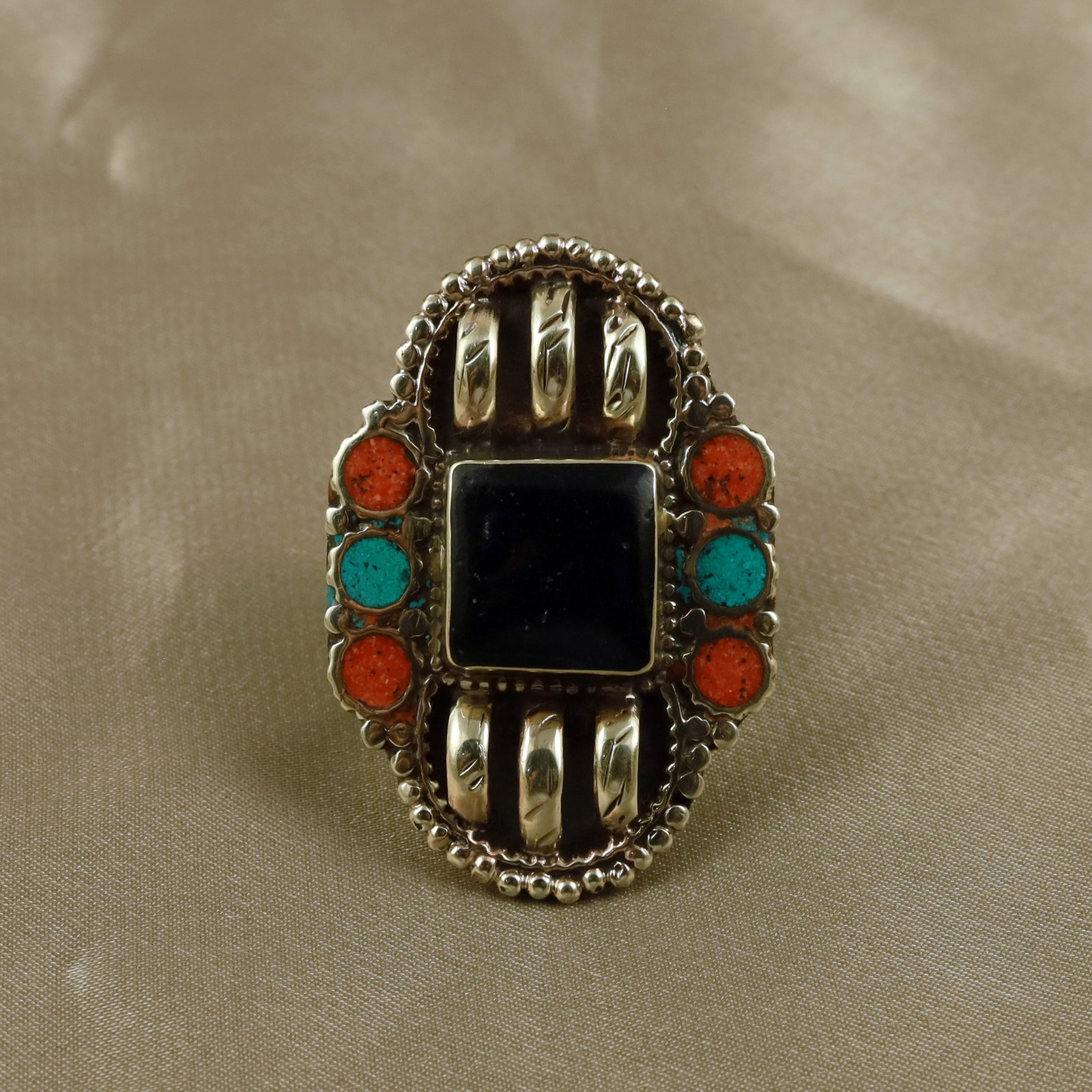 Tibetan Turquoise & Black Onyx Handmade Boho Ring - Free Size: Product ID: 260512155200 Product - Tibetan Natural Handmade Ring Ring Size - Free Size Ring Weight - 17 Gram Gemstone - Turquoise & Black Onyx & Coral Origin - Nepal Country/Region of Manufacture - Ne