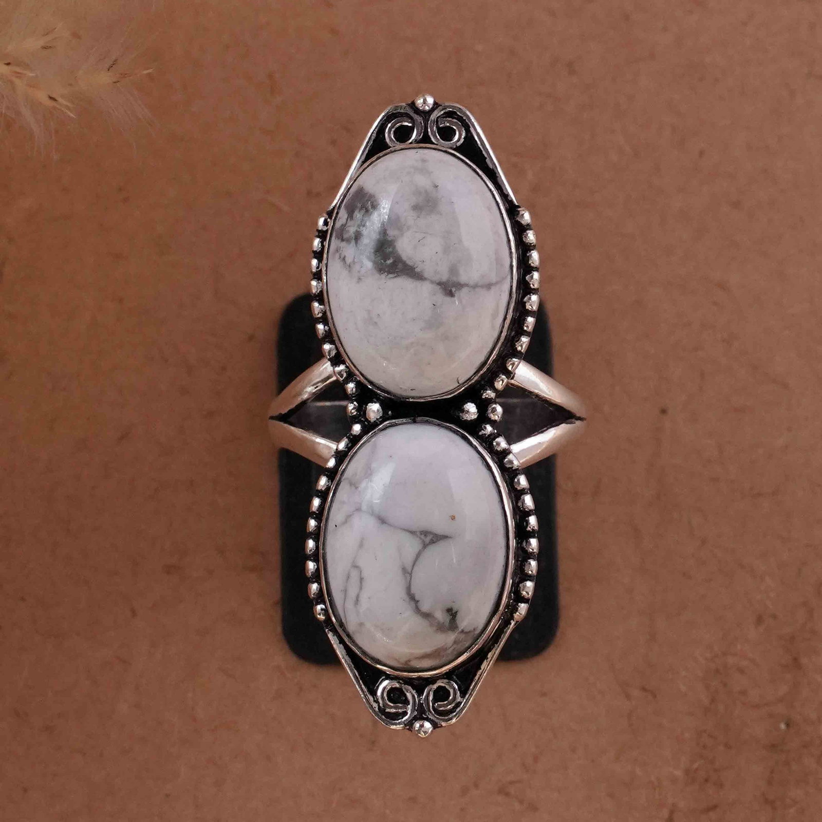 Natural Howlite Silver Plated Handmade Ring - 8.5MM: Product ID: 260430123559 Product - Handmade Silver Plated Ring Metal - 92.5 Sterling Silver Plated Ring Size - 8.5MM Gemstone - Howlite Gemstone Origin - Canada Gemstone Size - 12X16 MM ( 2 Stone ) Ge