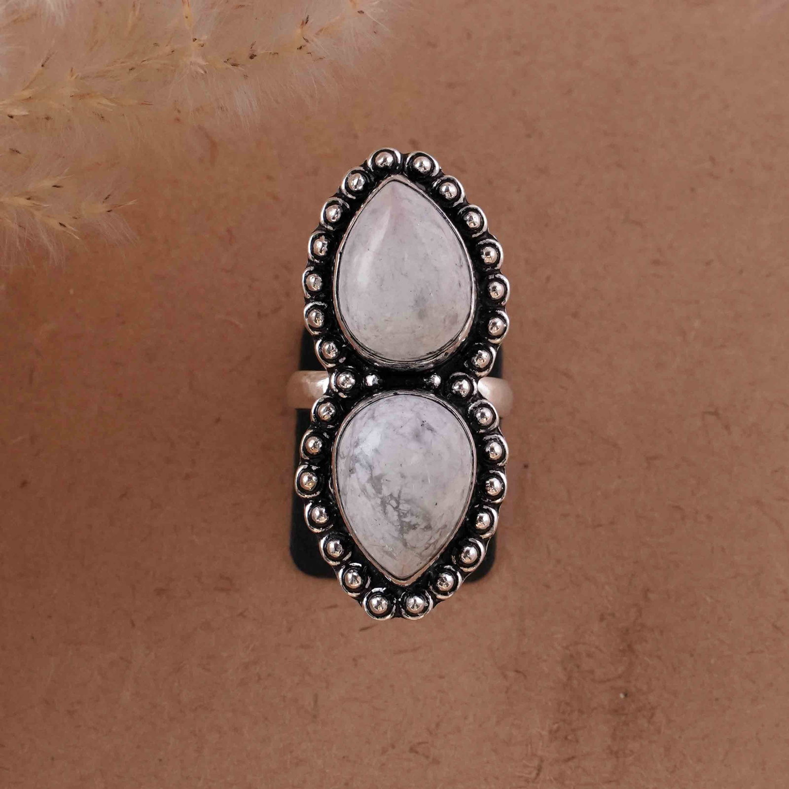 Natural Howlite Silver Plated Handmade Ring - 8MM: Product ID: 260430123437 Product - Handmade Silver Plated Ring Metal - 92.5 Sterling Silver Plated Ring Size - 8MM Gemstone - Howlite Gemstone Origin - Canada Gemstone Size - 12X16 MM ( 2 Stone ) Gems