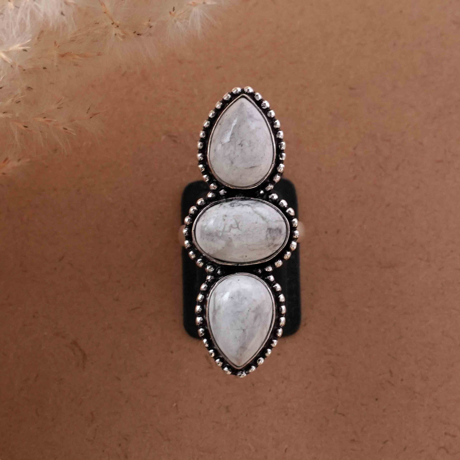 Natural Howlite Silver Plated Handmade Ring - 7MM: Product ID: 260429201147 Product - Handmade Silver Plated Ring Metal - 92.5 Sterling Silver Plated Ring Size - 7MM Gemstone - Howlite Gemstone Origin - Canada Gemstone Size - 10X14 MM ( 3 Stone ) Gems
