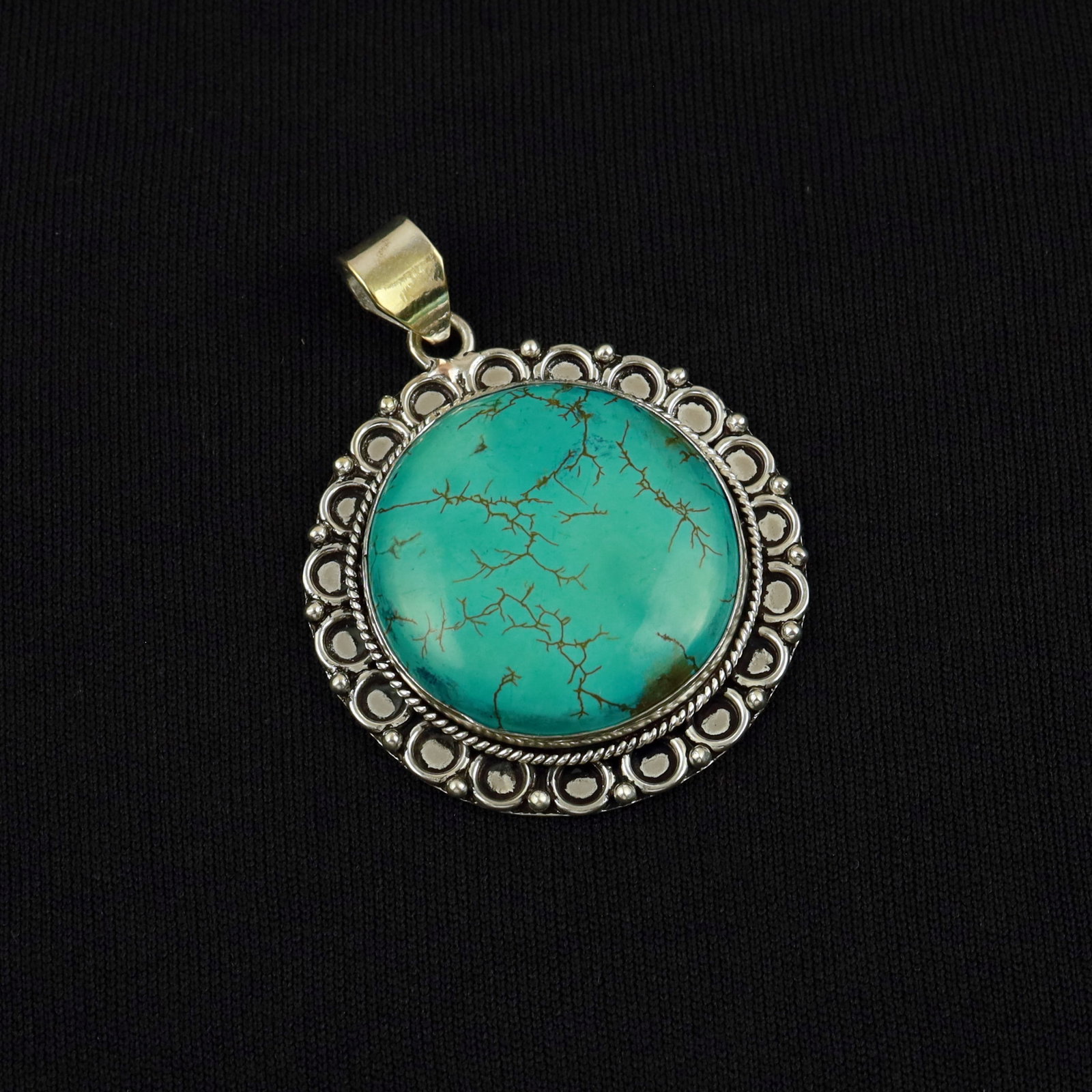 Natural Turquoise Silver Plated Handmade Pendant: Product ID: 260513103842 Product - Handmade Silver Plated Pendant Metal - 92.5 Sterling Silver Plated Pendant Size - 4 CM Gemstone - Turquoise Gemstone Origin - Tibet Gemstone Shape - Round Pendant We