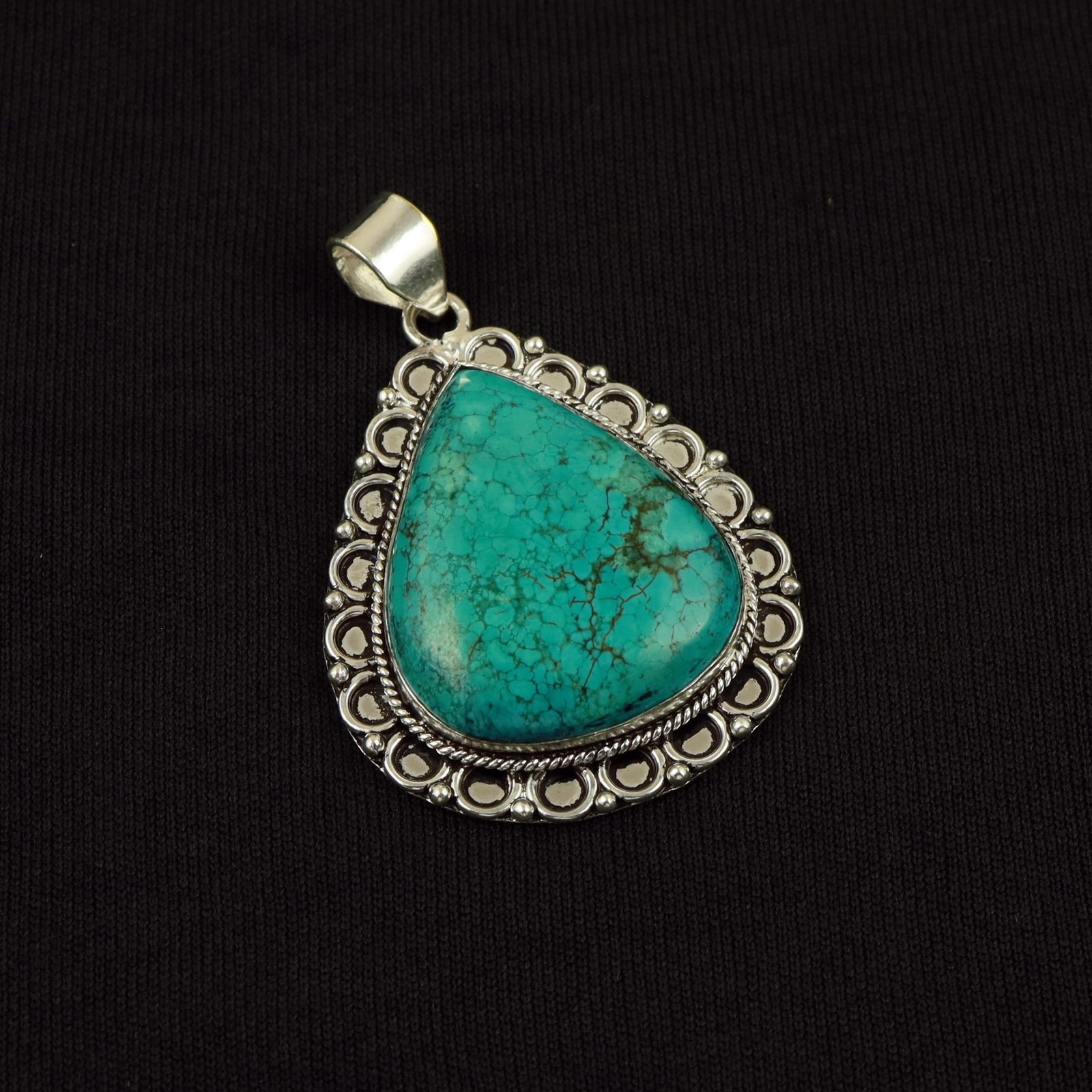Natural Turquoise Silver Plated Handmade Pendant: Product ID: 260513103223 Product - Handmade Silver Plated Pendant Metal - 92.5 Sterling Silver Plated Pendant Size - 4.5x3.5 CM Gemstone - Turquoise Gemstone Origin - Tibet Gemstone Shape - Pear Penda