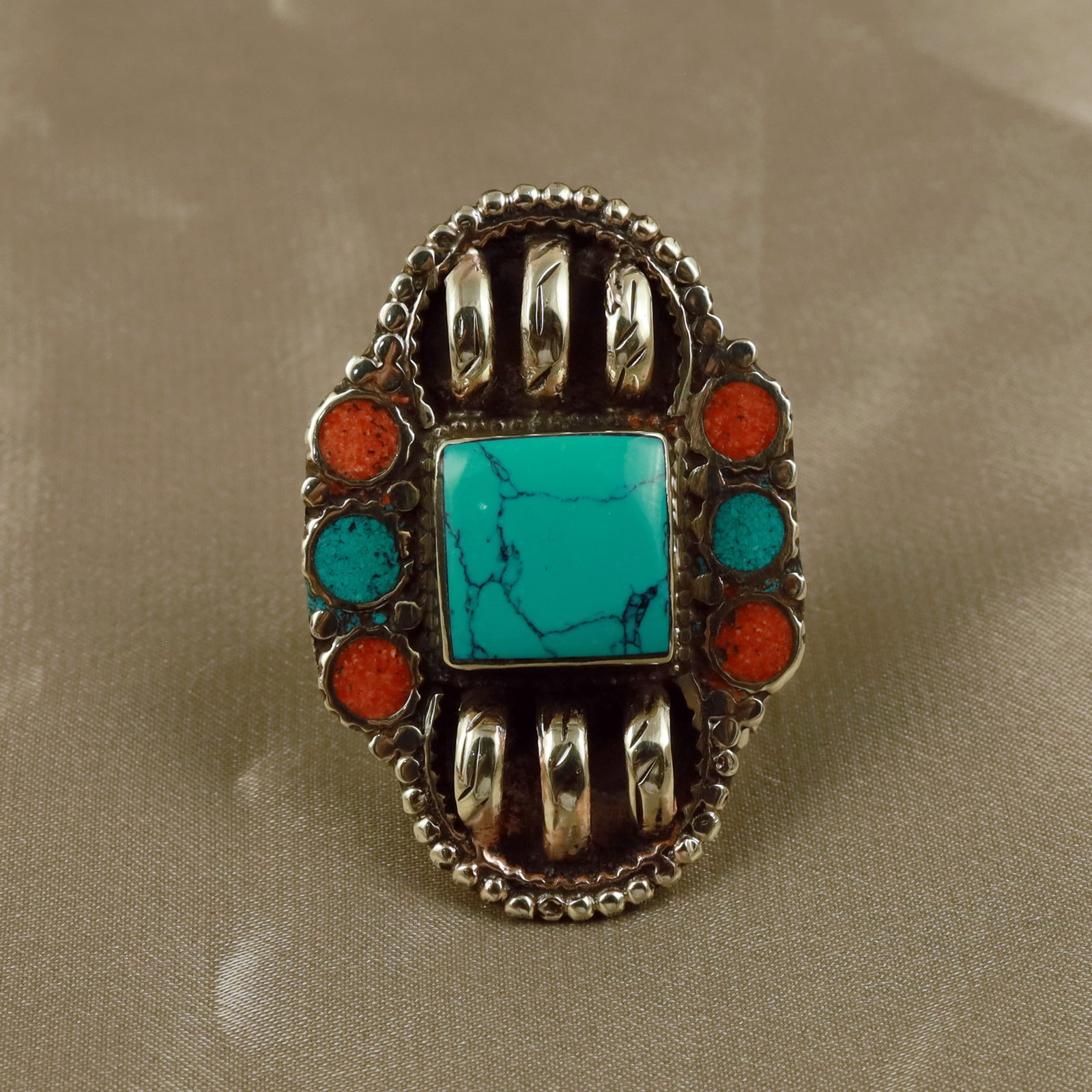 Tibetan Turquoise & Coral Handmade Boho Ring - Free Size: Product ID: 260512153623 Product - Tibetan Handmade Ethnic Ring Ring Size - Free Size Ring Weight - 17 Gram Gemstone - Natural Turquoise & Coral Metal - Brass & Copper mix Metal Origin - Nepal Country