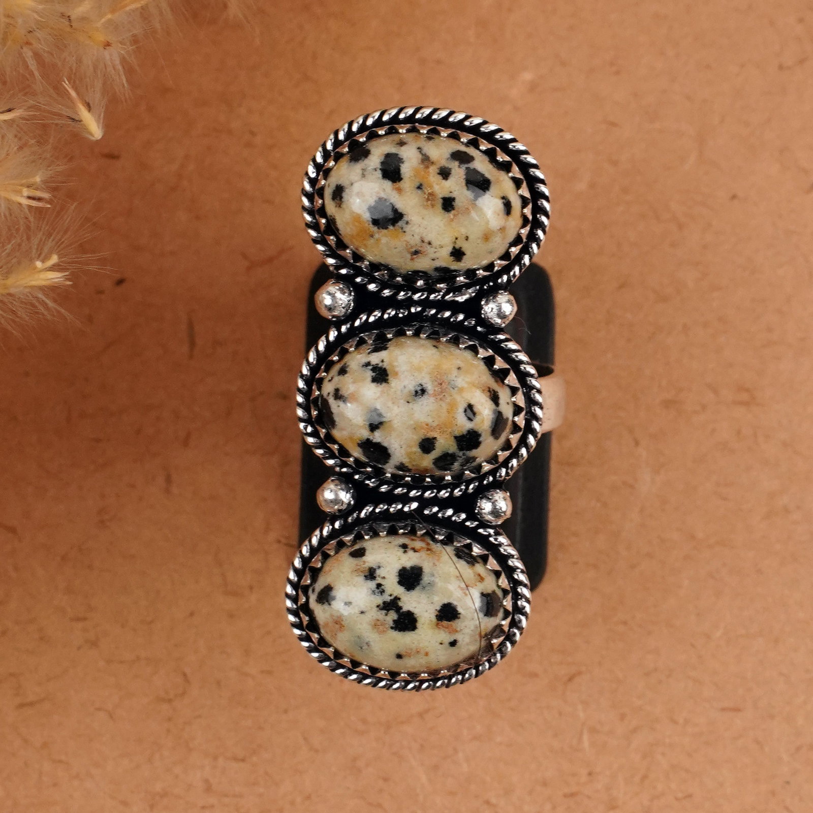 Natural Dalmatian Silver Plated Handmade Ring - 8MM: Product ID: 260409151035 Product - Handmade Silver Plated Ring Metal - 92.5 Sterling Silver Plated Ring Size - 8MM Gemstone - Dalmatian Gemstone Origin - Mexico Gemstone Size - 10X14 MM ( 3 Stone ) Ge