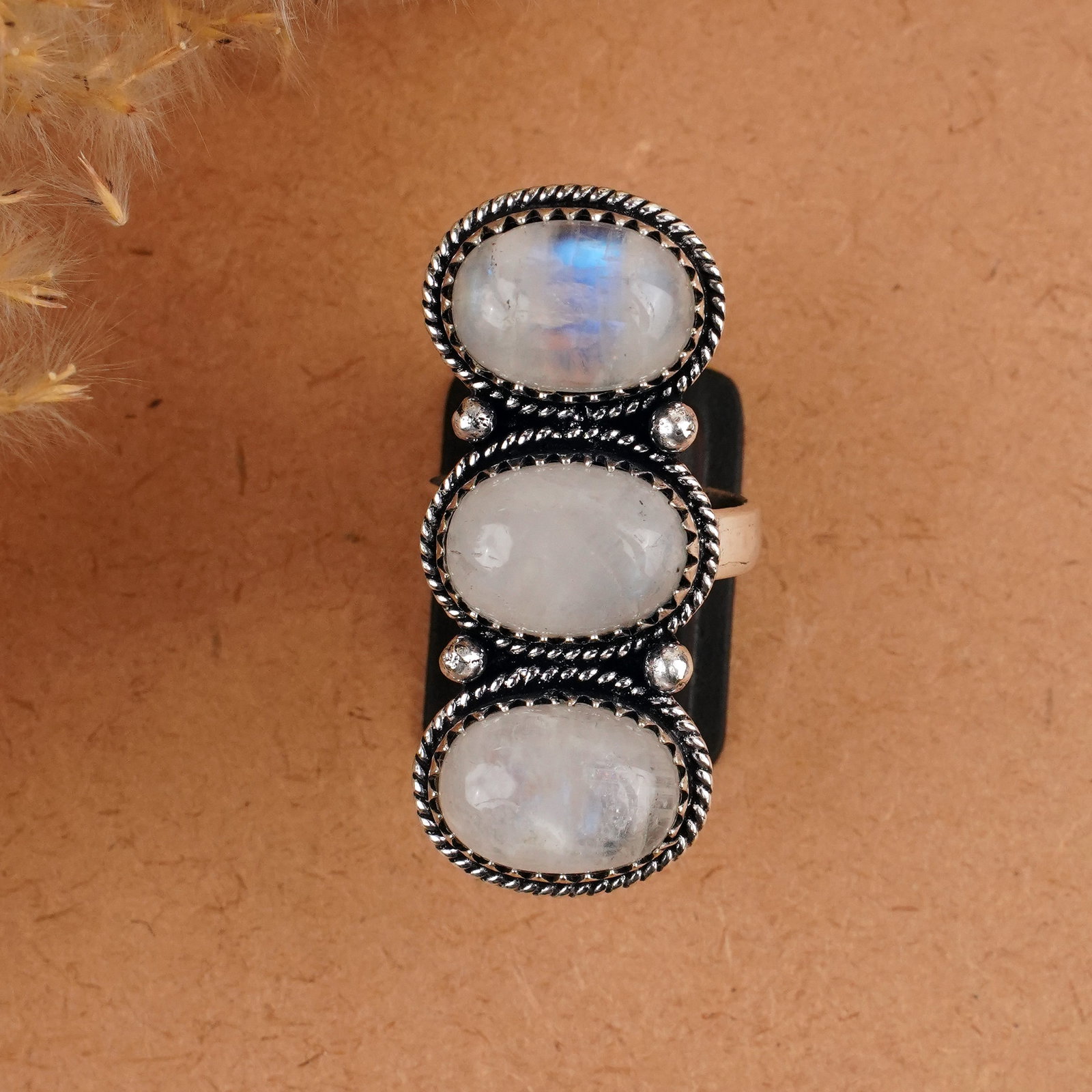 Natural Rainbow Moonstone Silver Plated Handmade Ring - 8.5MM: Product ID: 260409150926 Product - Handmade Silver Plated Ring Metal - 92.5 Sterling Silver Plated Ring Size - 8.5MM Gemstone - Rainbow Moonston Gemstone Origin - India Gemstone Size - 10X14 MM ( 3 St