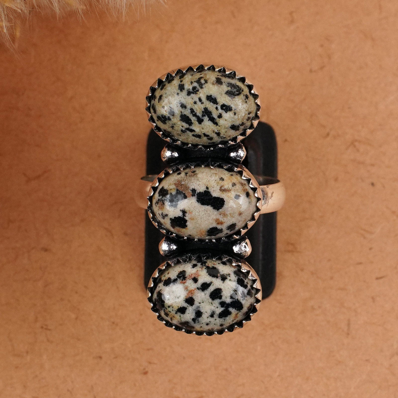 Natural Dalmatian Silver Plated Handmade Ring - 7.5MM: Product ID: 260409145652 Product - Handmade Silver Plated Ring Metal - 92.5 Sterling Silver Plated Ring Size - 9MM Gemstone - Dalmatian Gemstone Origin - Mexico Gemstone Size - 10X14 MM ( 3 Stone ) Ge