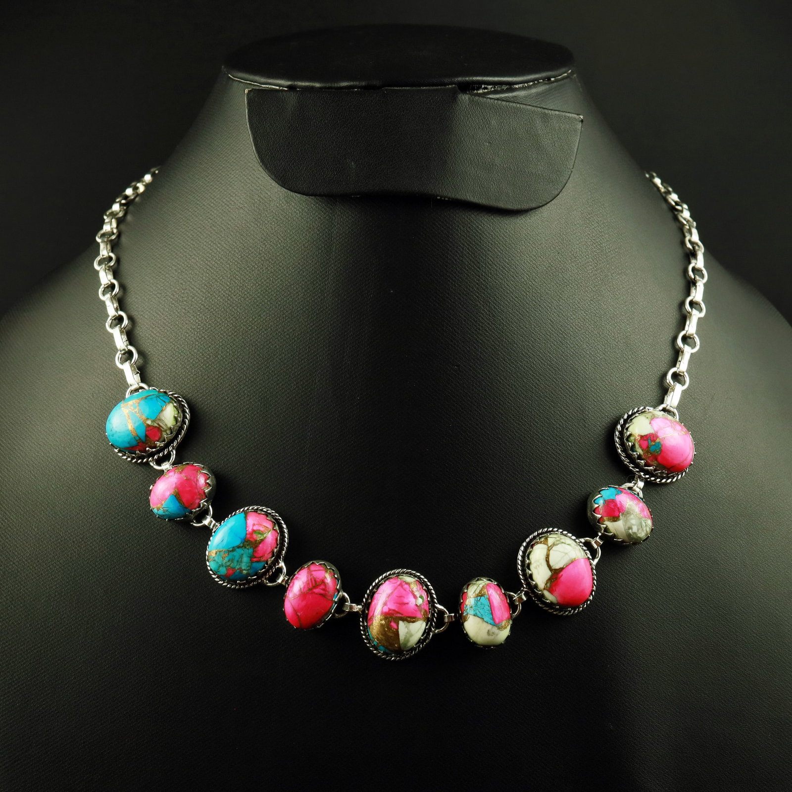 Natural Cotton Candy Silver Plated Handmade Choker Necklace: Product ID: 260513181100 Product - Handmade Silver Plated Necklace Metal - 92.5 Sterling Silver Plated Necklace Length - 18 Inch Gemstone - Cotton Candy Gemstone Size - 12X16 MM (5 Stone), 10X14 MM (4