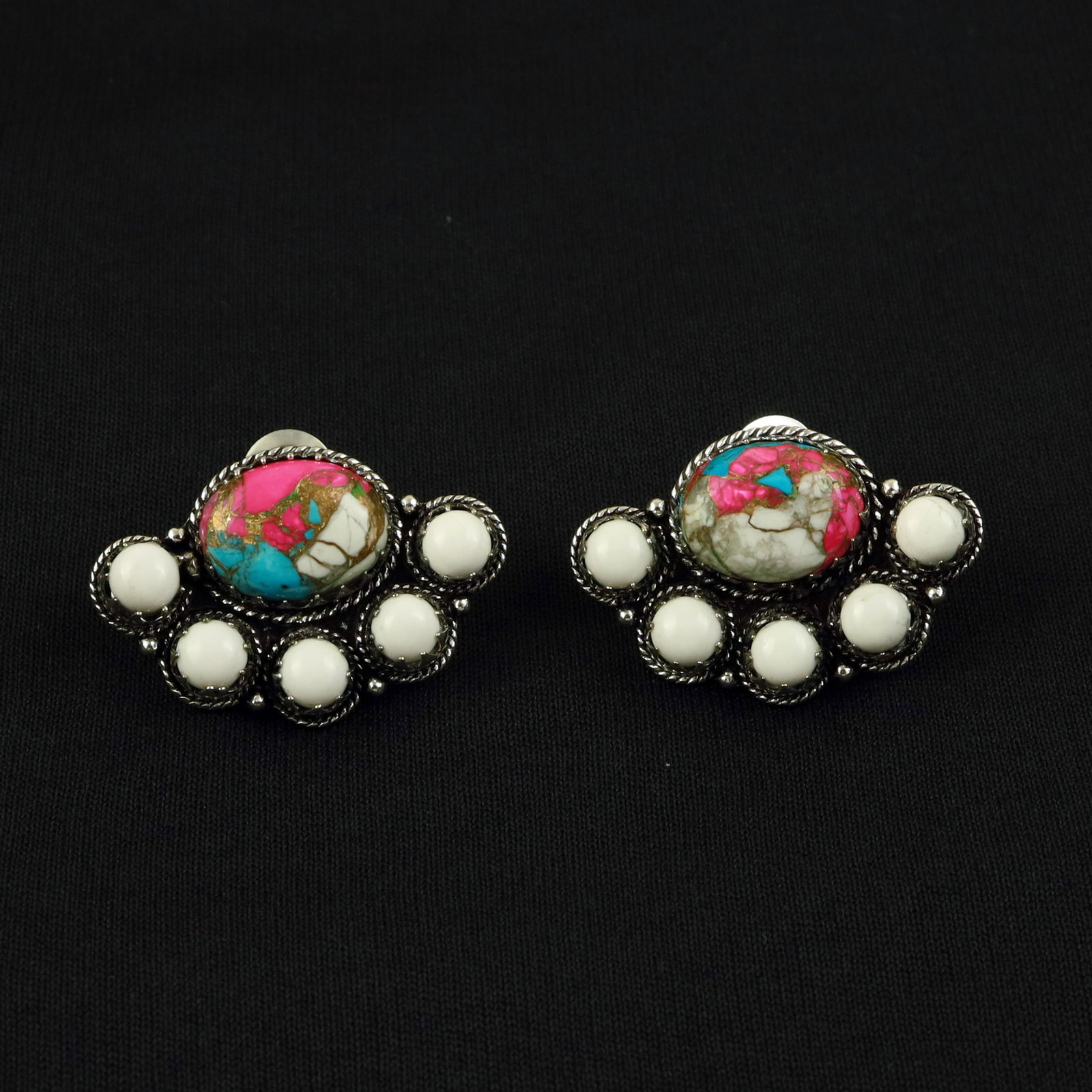 Cotton Candy & Howlite Silver Plated Handmade Stud Earring: Product ID: 260517172652 Product - Handmade Silver Plated Stud Earring Metal - 92.5 Sterling Silver Plated Earring Type - Stud Gemstone - Cotton Candy & Howlite Gemstone Origin - India Gemstone Size -