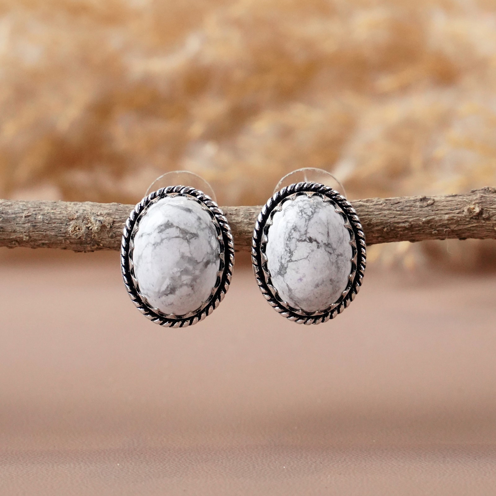 Natural Howlite Silver Plated Handmade Stud Earring: Product ID: 260512145227 Product - Handmade Silver Plated Stud Earring Metal - 92.5 Sterling Silver Plated Earring Type - Stud Gemstone - Howlite Gemstone Origin - Canada Gemstone Size - 12X16 MM ( 2 